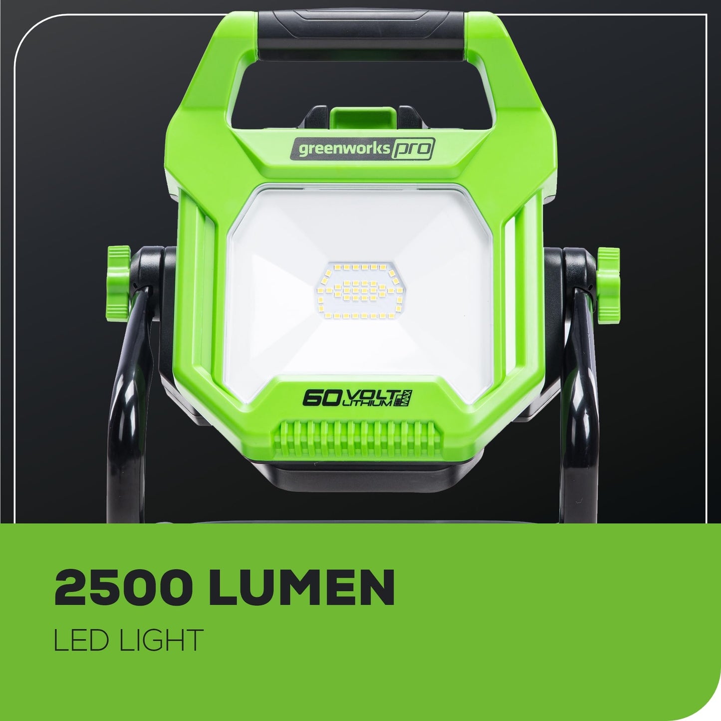 Greenworks Pro 60V (AC/DC) 2500-Lumen LED Work Light, 360° Head Rotation, Tripod Mountable, Portable, Indoor/Outdoor Light, Flood Light, Tool-Only