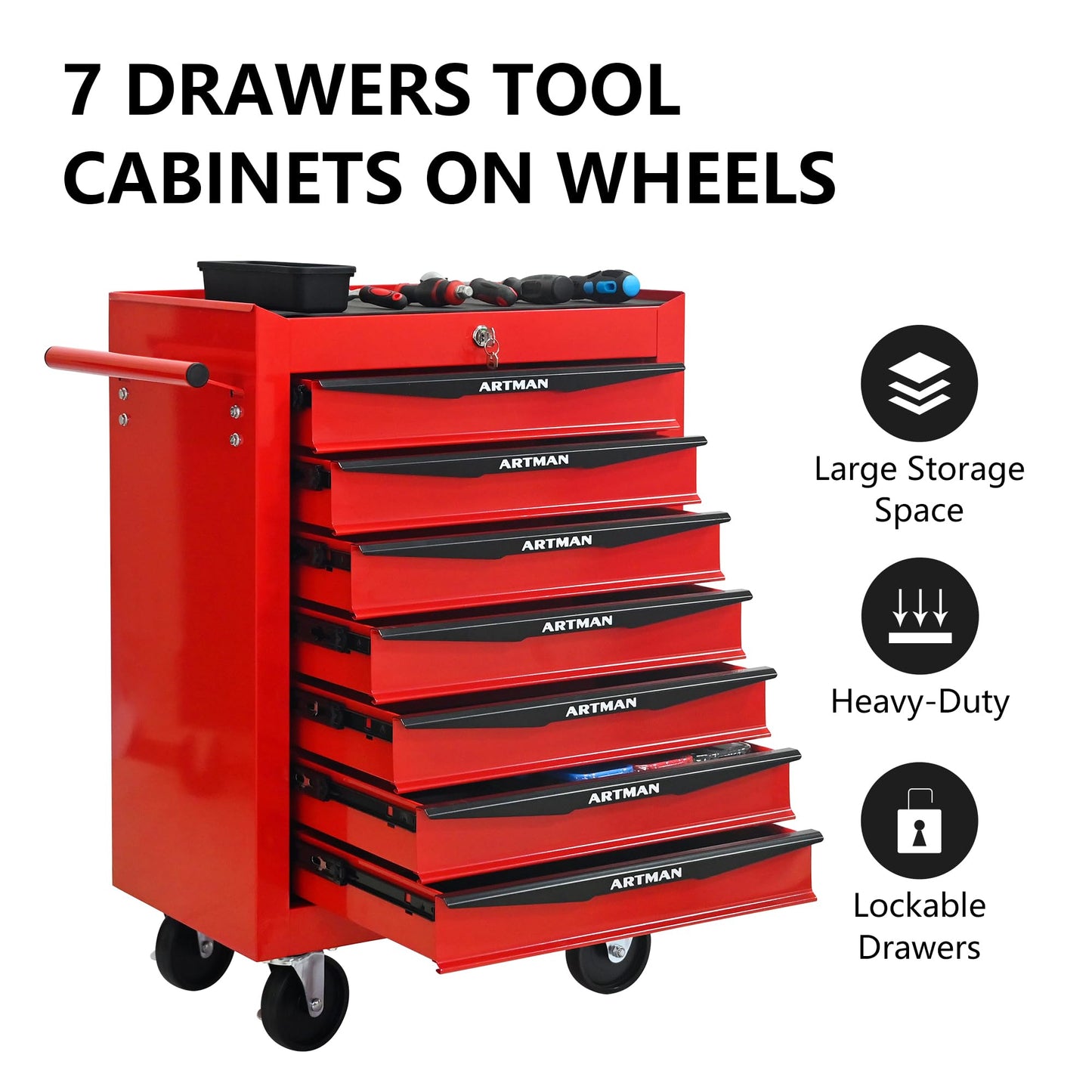 Thetilsy Rolling Tool Chest Cart with 7 Drawers,Storage Tool Cabinet on 4 Wheels. Lockable Tool Cart with Drawer Liners.Steel Tool Box Organizer for Garage,Repair Workshop-Red