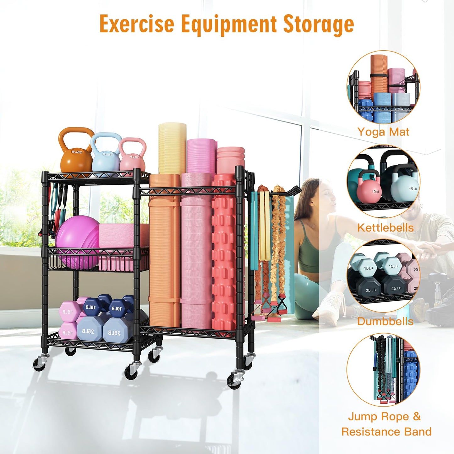 FUTASSI S2 Home Gym Storage, Rolling Yoga Mat Storage and Organizer, Sport Equipment Rack for Dumbbells, Kettlebells, Foam Rollers, Resistance Bands, 11.8" D x 36" W x 32.5" H, Black
