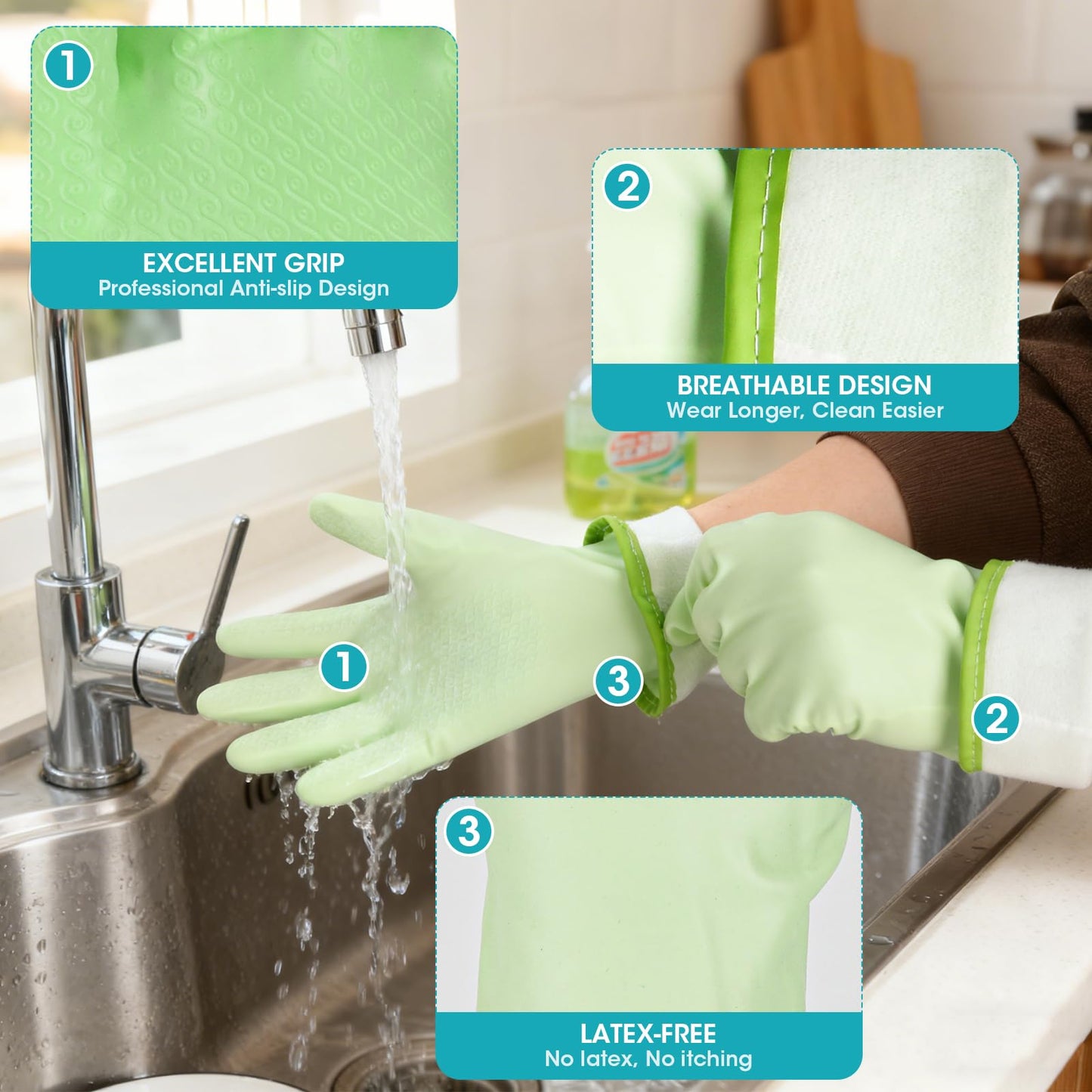 choosme Household Gloves Waterproof with Flock Lining for Dishwashing Cleaning Reusable No-slip for Kitchen & Bathroom 3 Pairs Medium Blue+Green+Pink