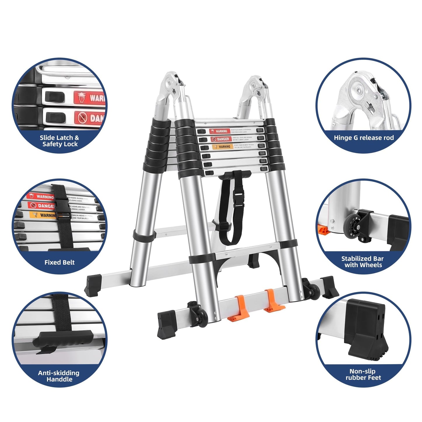 DEZEX Telescoping Ladders 16.5FT A Frame Ladder, Adjustable Folding Extension Ladder, with Anti-Slip Balance Bar & Wheel, Multi-Purpose Collapsible Ladder for Home, Outdoor Work, 330 lbs Capacity