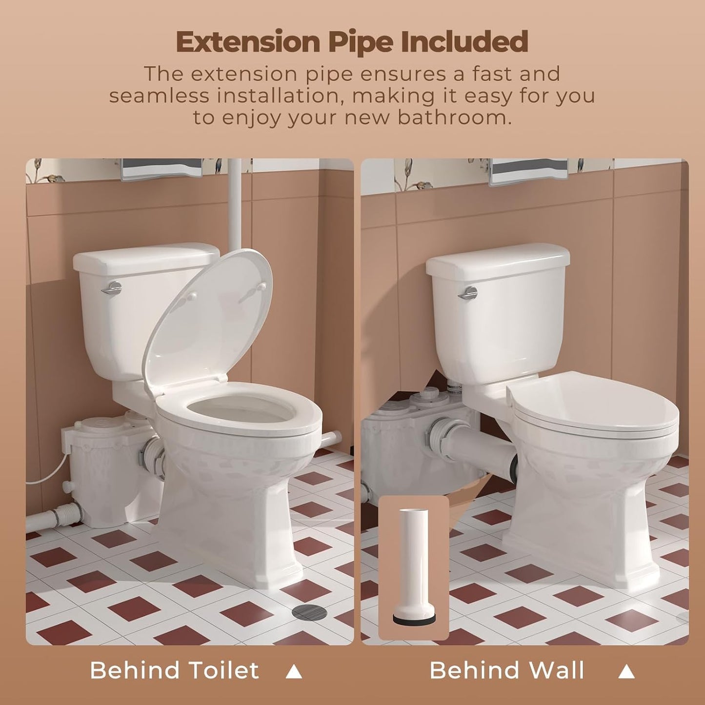 Upflush Macerating Toilet, Two Piece Elongated Tall Toilet with 4 Inlets Macerator Pump for Residential Basement Toilet, Sink, Shower Wastewater Disposal, Auto Start & Stop, Sewage Grinder System