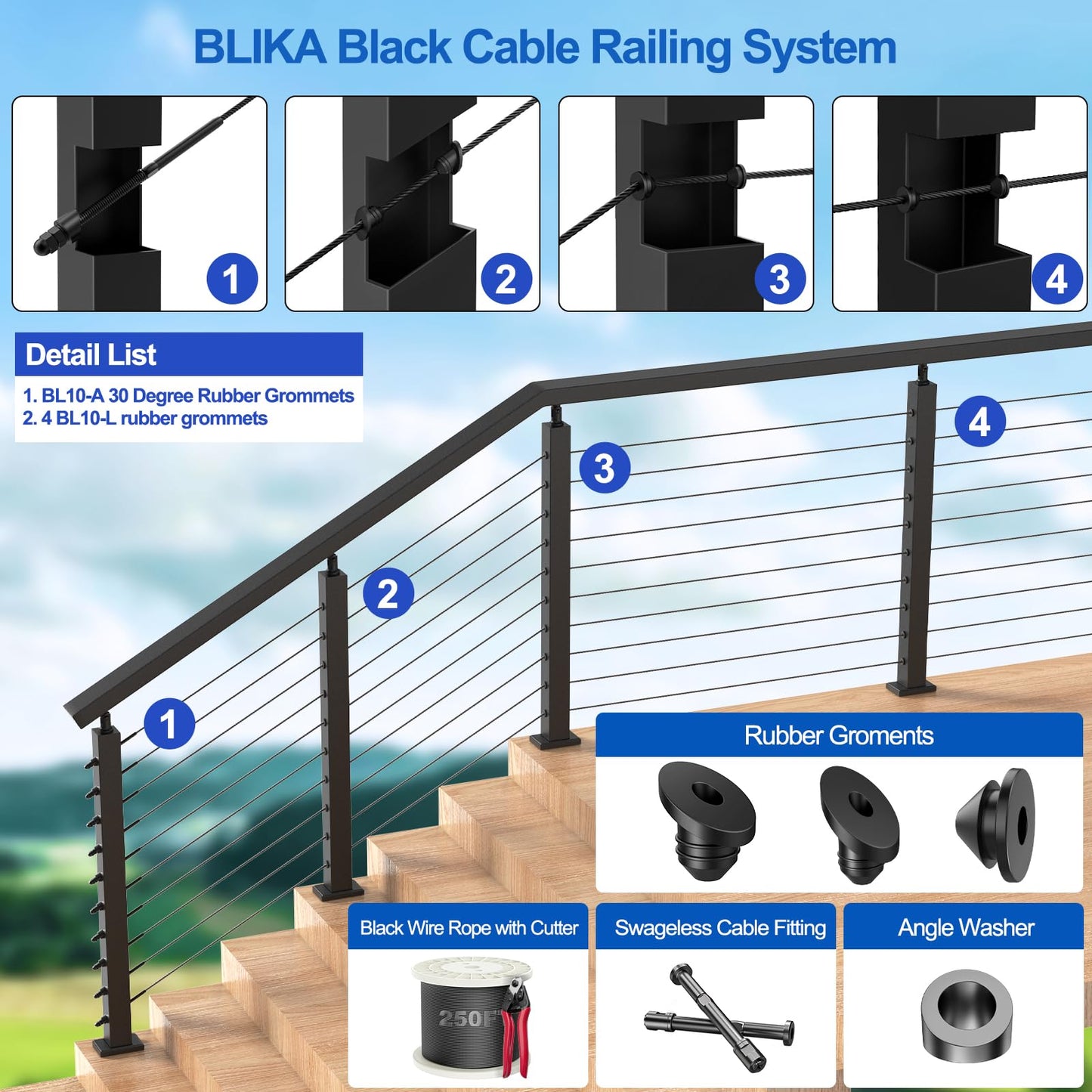 BLIKA 100 Pack Cable Railing Rubber Grommets for 1/8" 5/32" 3/16" Cables for Metal Cable Railing Posts, 1/8" Cable Railing Grommet, Cable Railing Protective Sleeves for Metal Posts, BL10-L