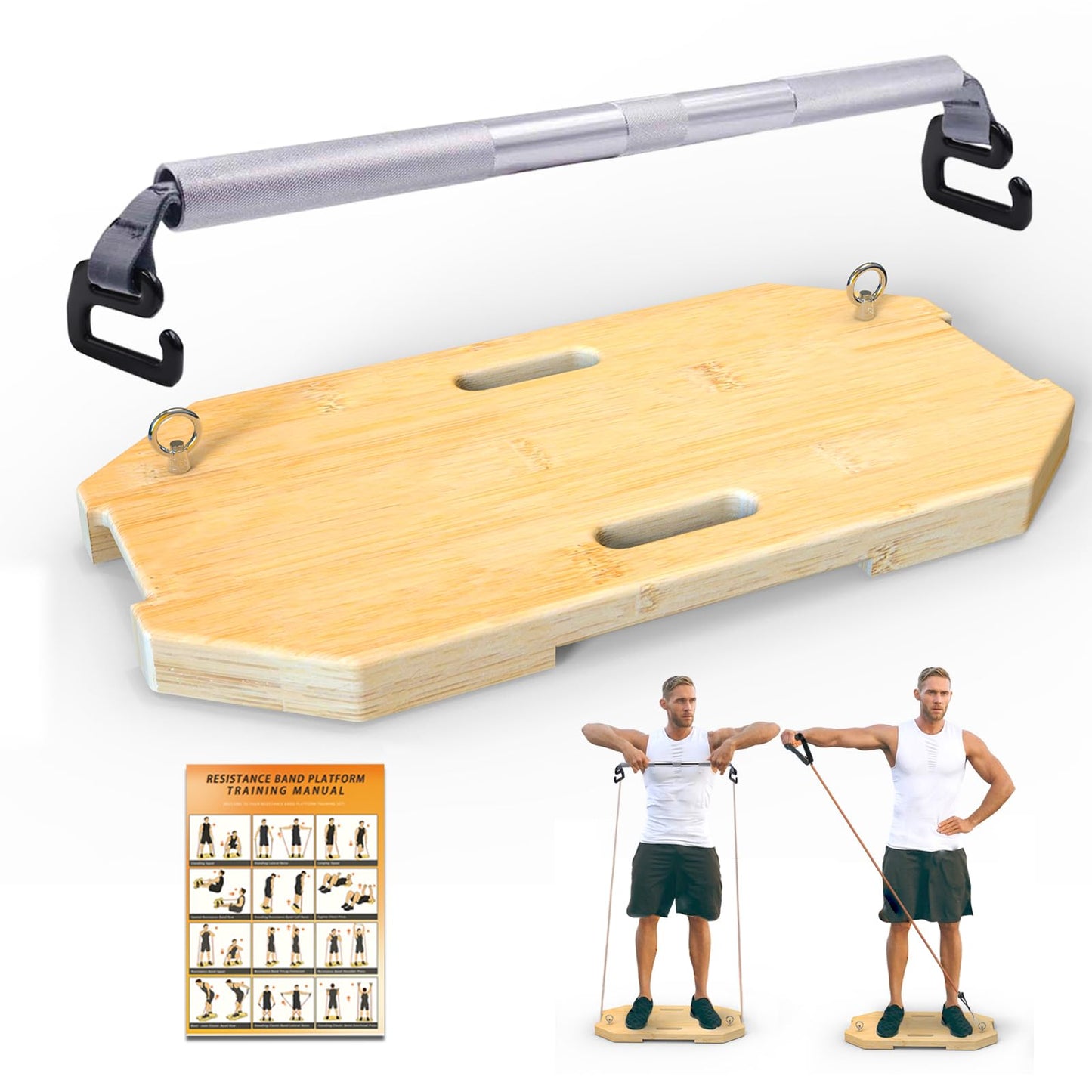 J Bryant Bamboo Resistance Band Platform with Eye Bolt Anchors – Includes Resistance Band Bar, for Strength, Rehab, Full-Body, Squat, Row & Press Band Workouts