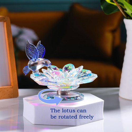 Movdyka Crystal Figurine - Blue Hummingbird Lotus Flower Decor | Elegant Glass Ornament for Home
