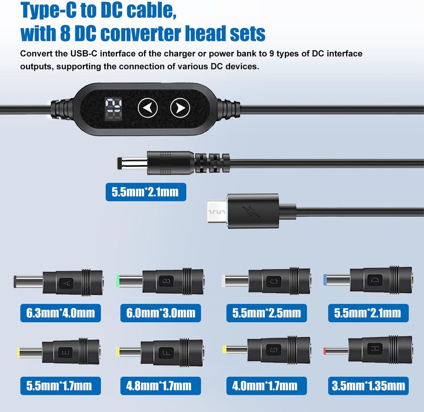 Yancincny 5V/9V/12V/15V/20V 8 (3.9ft) USB C to DC Cable with DC Conversion Heads and LED Display Screen, USB to DC