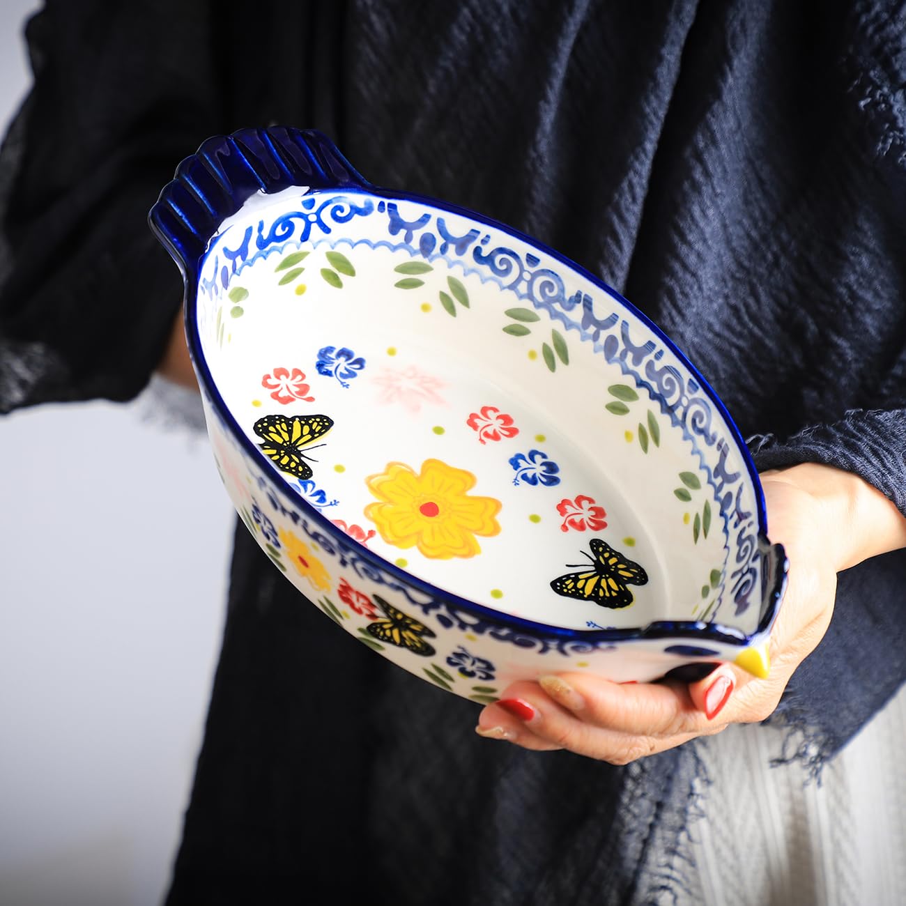 Bicuzat Vintage Butterfly and Flower Pattern Pie Pan, Chicken Shape Ceramic Bakeware Casserole Dish Baking Pan Bakers Lasagna Pans Soup Bowl Baking Dish for Oven to Table-Blue-25 OZ