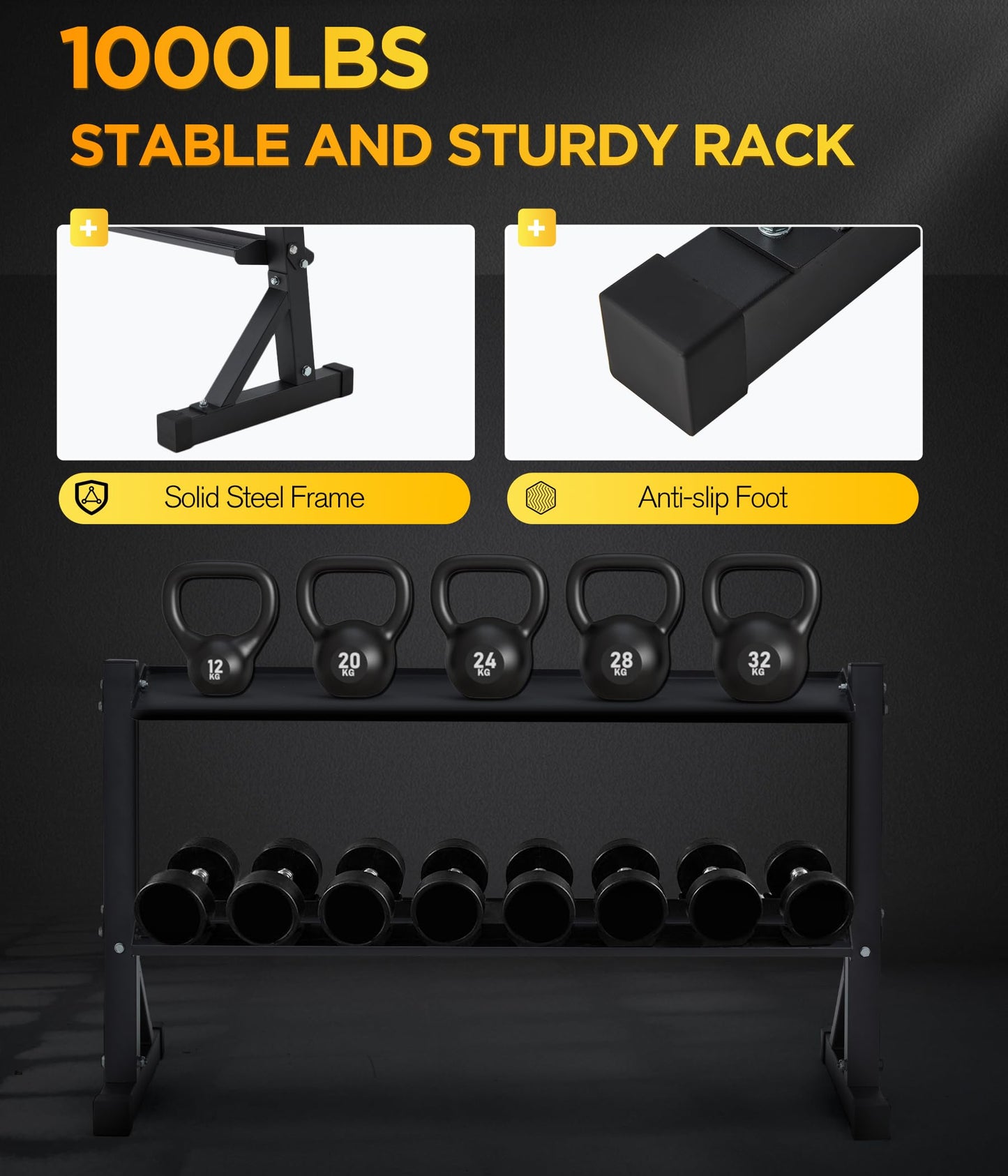 2-Tier Dumbbell Kettlebell Rack, Heavy Duty Steel Frame, 48 x 17.5 x 27.5 Inches, 1000 lbs Weight Capacity, for Kettlebell and Free Weight Storage, Home Gym Organization