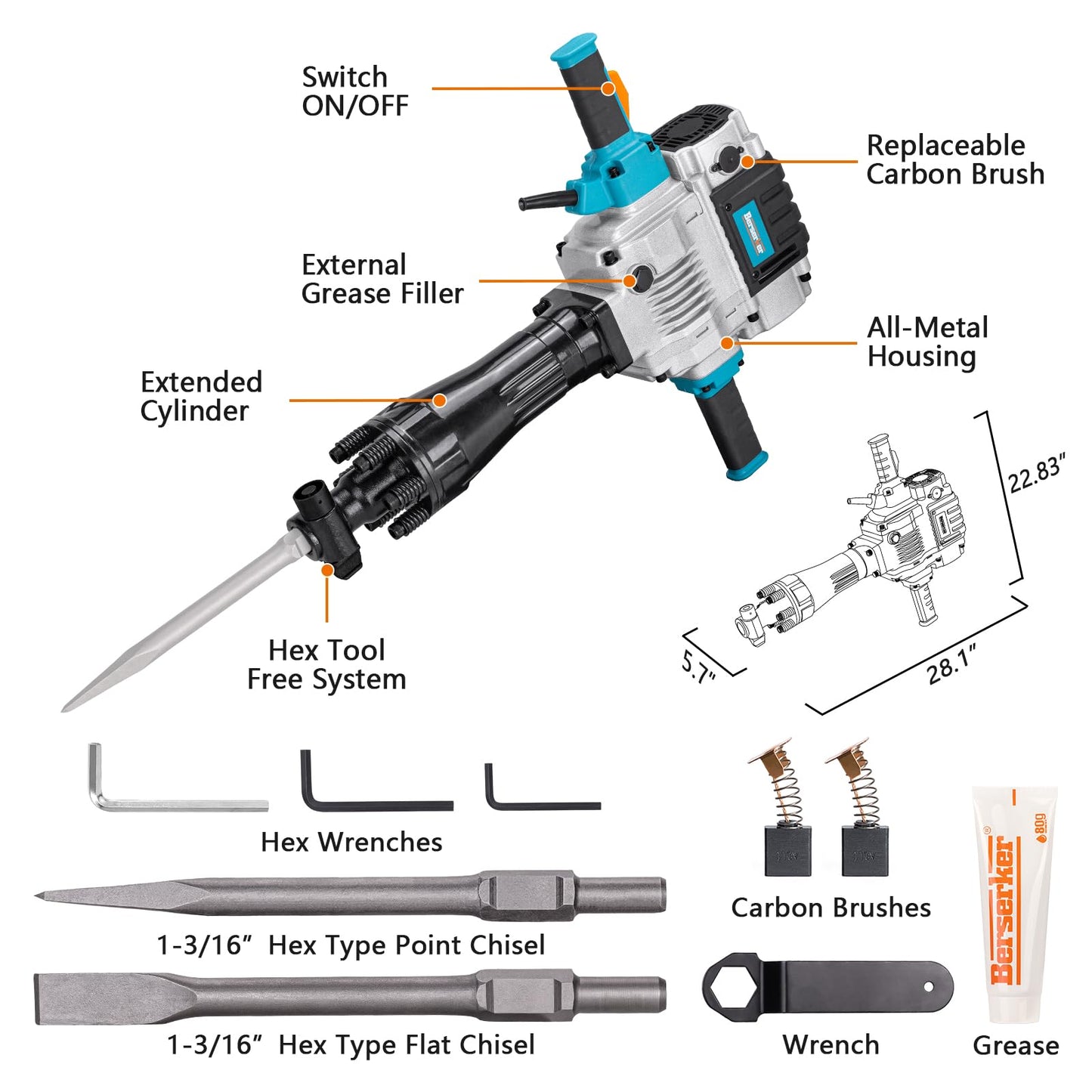 Berserker 50-Pound Demolition Jack Hammer with 1-3/16" Hex Scaling Chisel, 3 x 16 In. Steel Scraping Chisel Tile Removal Bit