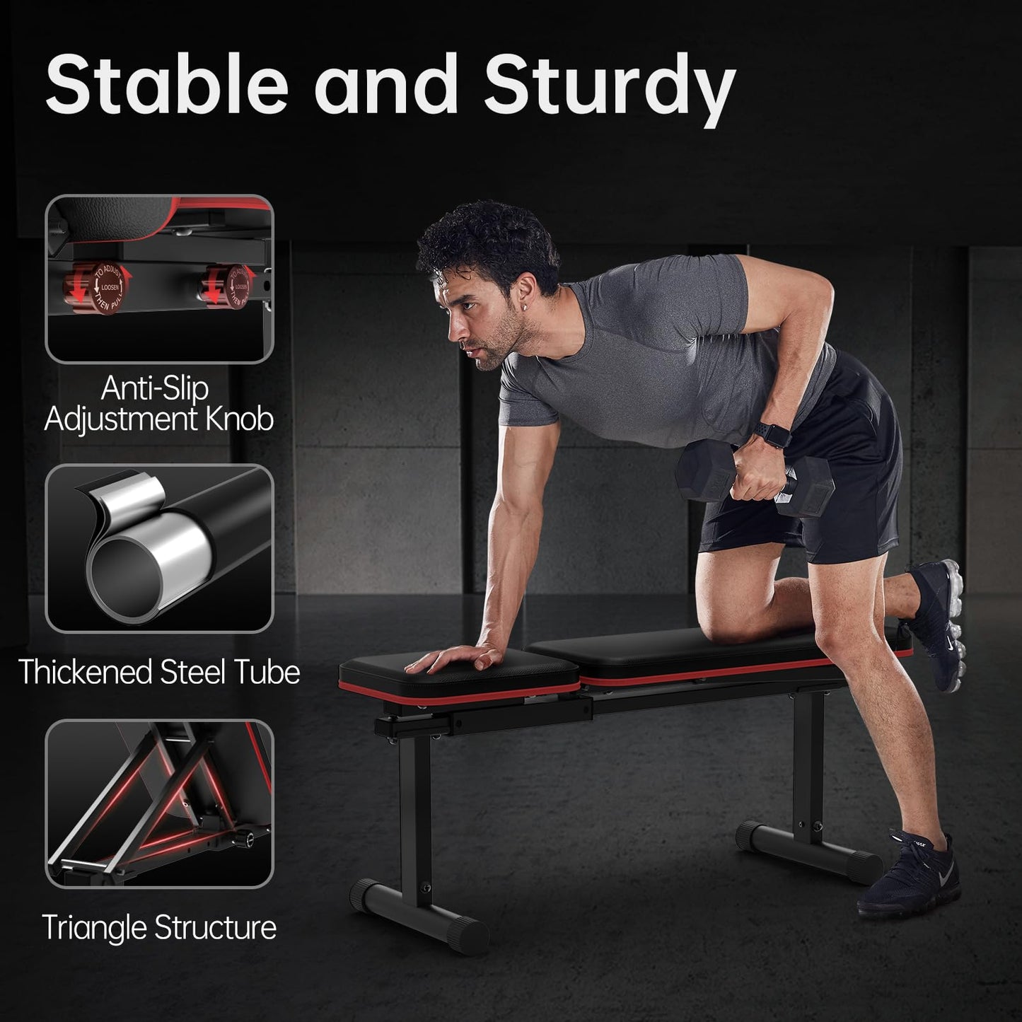 PASYOU Adjustable Flat Weight Bench, Foldable Bench Press for Home Gym, Multi-Angle Incline Workout Bench for Full Body Strength Training with 660LB Capacity, Free-Assembly Dual-Frame, PB200