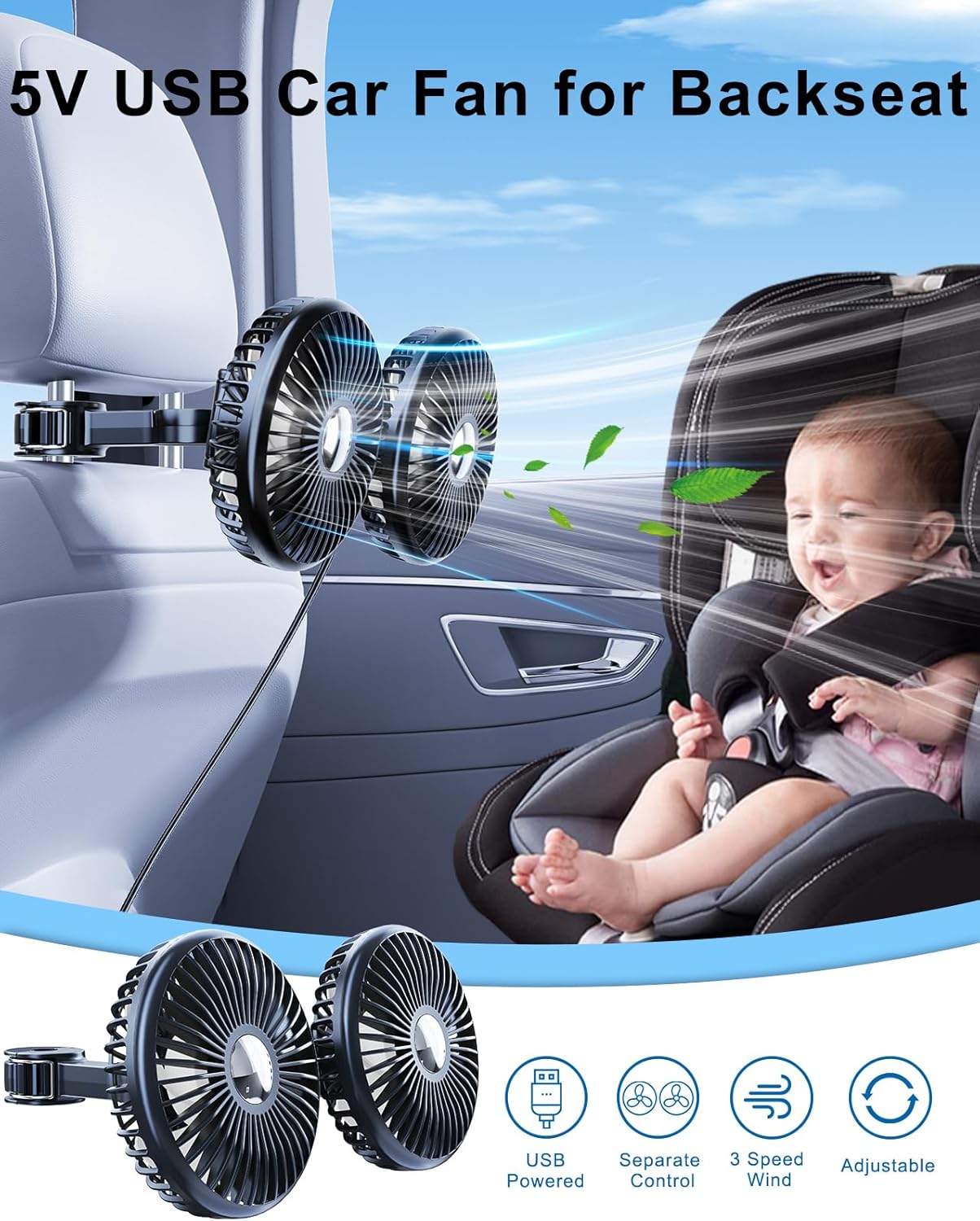360 3 Car Fan for Back Seat [Comes with Car Charger] Degree Rotatable USB Car Seat Fan for Baby Rear Facing - Speeds