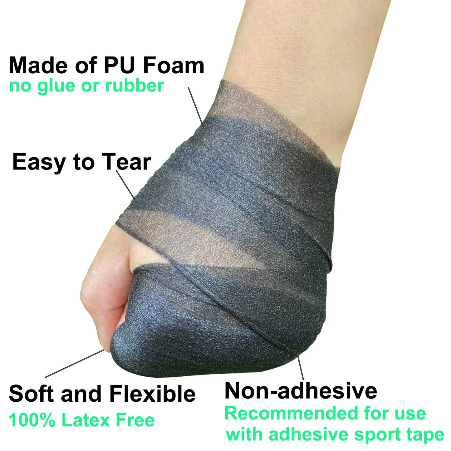 ADMITRY Pre Wrap Tape Athletic,3 Rolls X 22 Yards Black Prewrap,Headbands for Hair,Foam Underwrap Sports Wrap