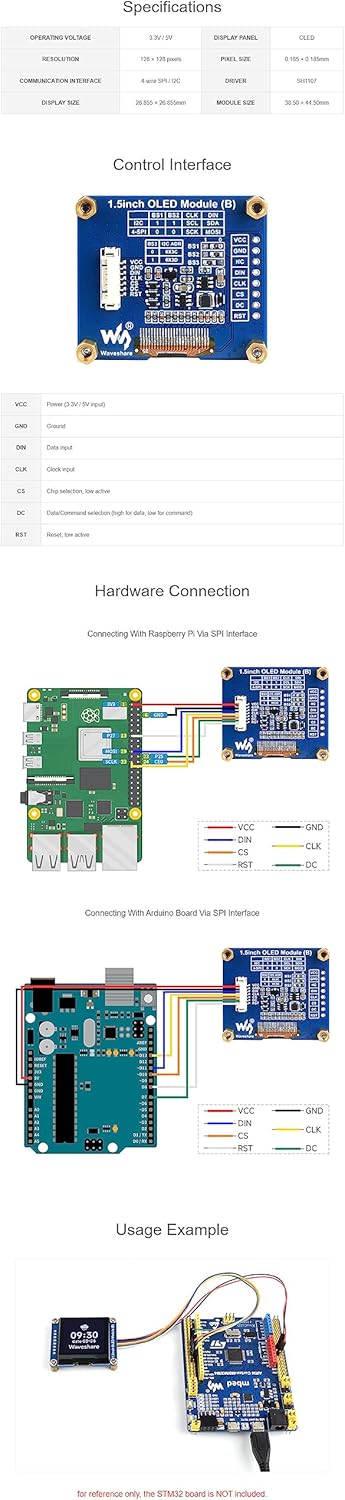 Coolwell 1.5 Inch STM32 I2C Communication 128128 SH1107 OLED Display Module for Raspberry Pi Arduino SPI / Black/White