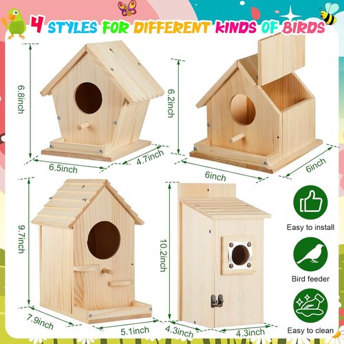 Liliful DIY Wooden Birdhouse Kit - 4 Pack Arts & Crafts Set with Paint & Brushes for All Ages | Indoor & Outdoor Fun