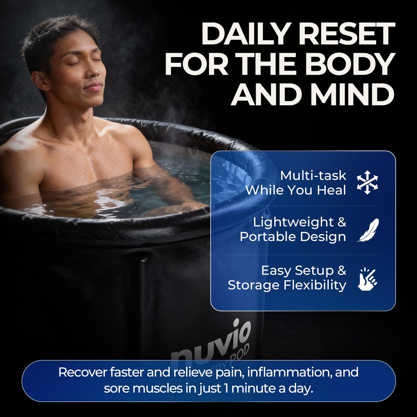 Nuvio Portable Ice Bath Tub - Inflatable, Cold Plunge Tub 87 Gallons, Full Body Plunge with Lid & Drain, Fits Up to 6'10", Indoor/Outdoor Cold Therapy