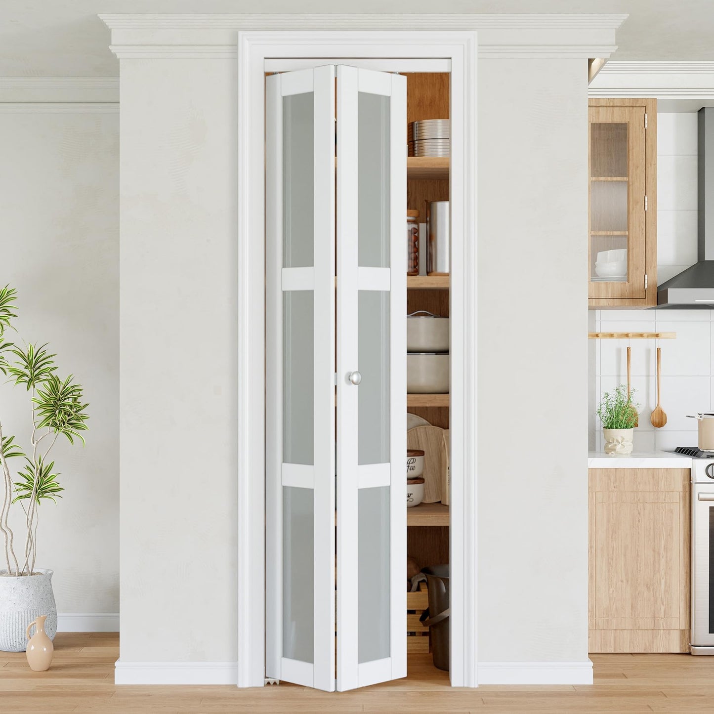 Bifold Doors for 24" x 80" Opening, 3-Lite Frosetd Glass Bifold Closet Door with Hradware Kit & Handles, Interior Foliding Barn Panels for Closet/Pantry/Laundry PVC Surface Pre-Assembled, White