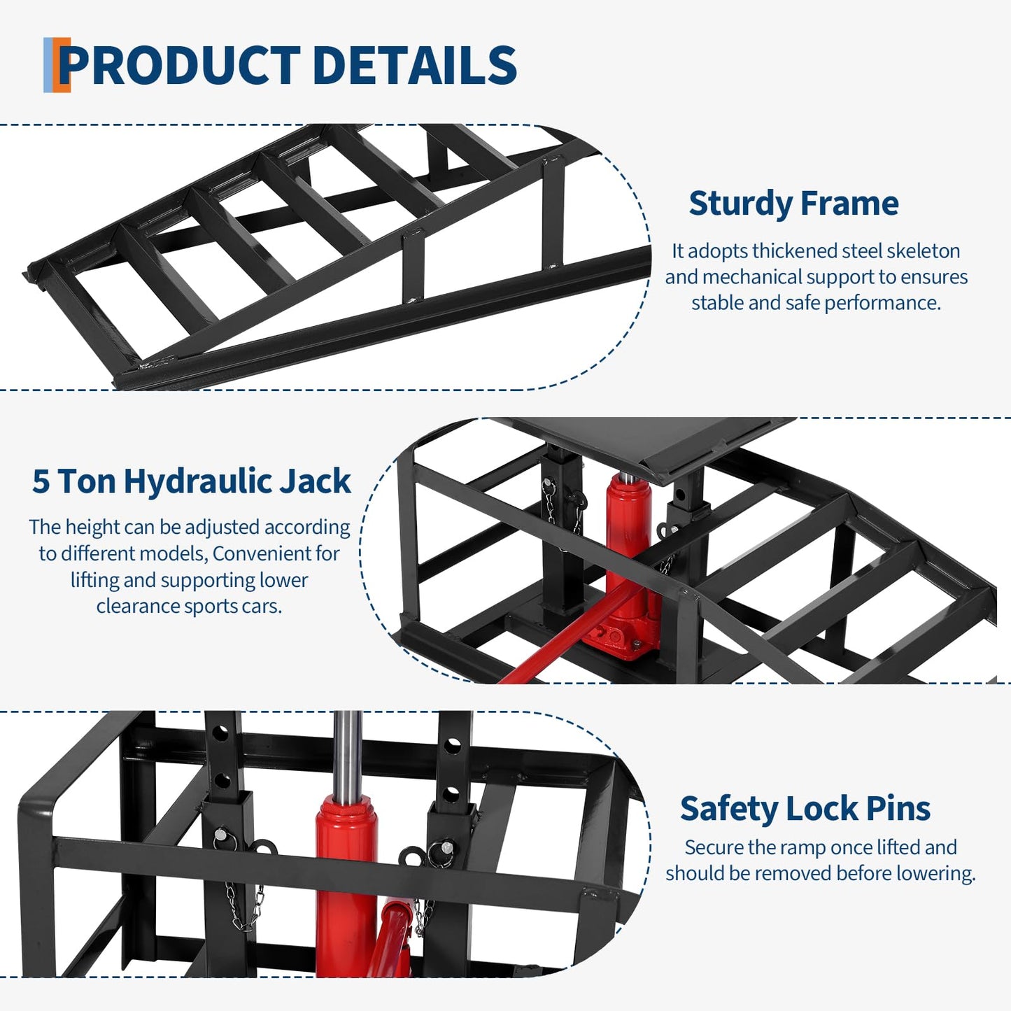 2 Pcs Hydraulic Car Ramps, 5 Ton (11,065 LBS) Heavy Duty Steel Car Lift Ramps with Hydraulic Jack for Oil Changes & Truck Repair, 9.4"-13.34" High Lift, Home Garage Vehicle Ramps