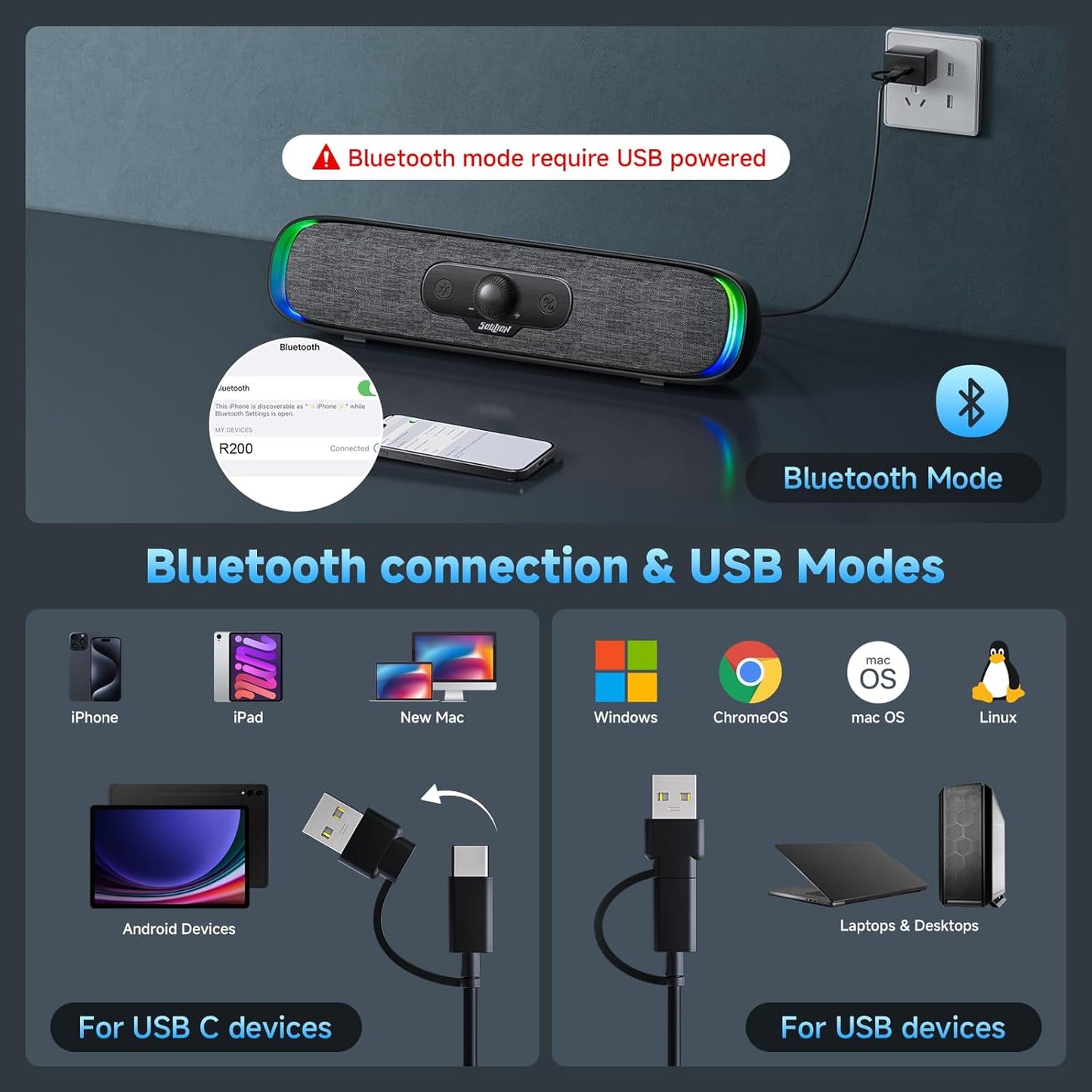 SOULION Computer Speakers, USB C/USB Powered PC Speaker with Colorful LED Lights, Plug-N-Play Wired Bluetooth Sound bar