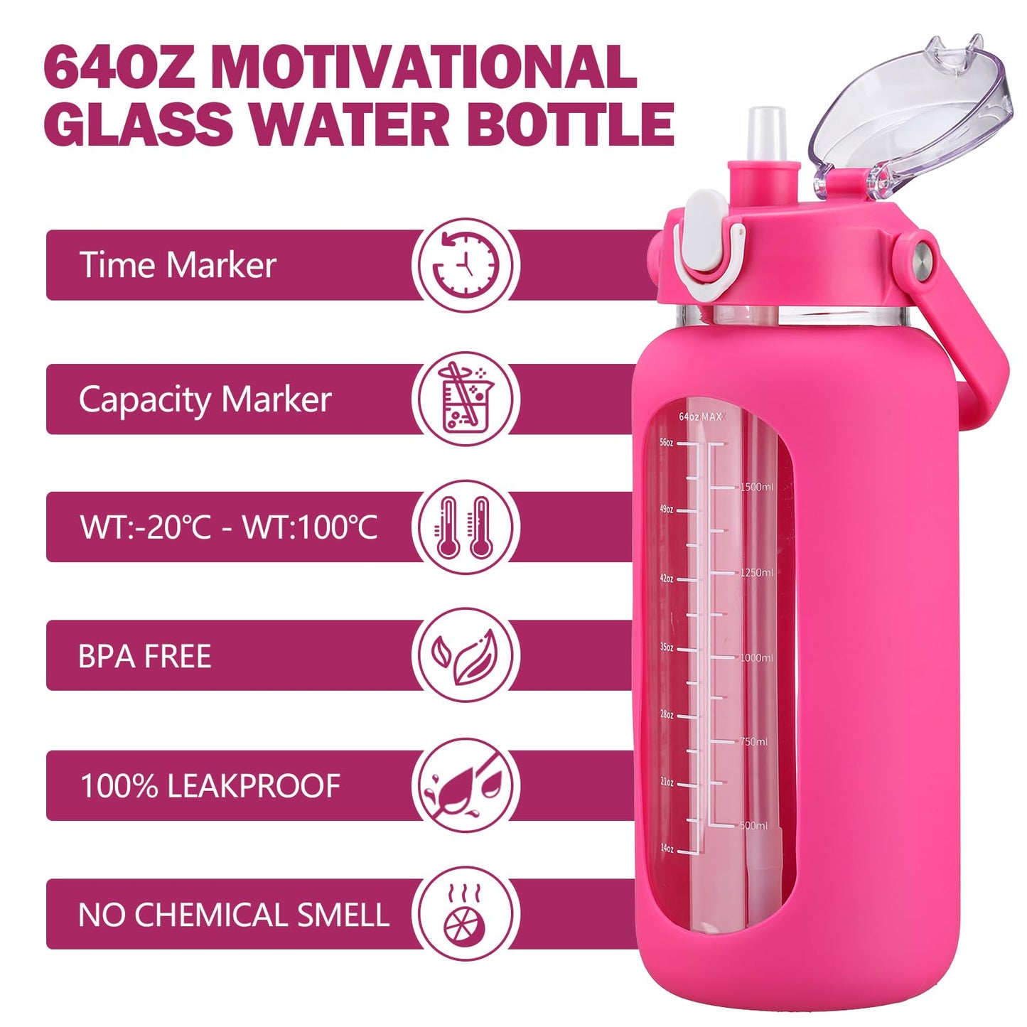 kytffu 42oz Glass Water Bottles with Straw, Motivational Glass Bottle with Silicone Sleeve and Time Marker, Leakproof Large Glass Water Jug for Gym Home Office,Rose red