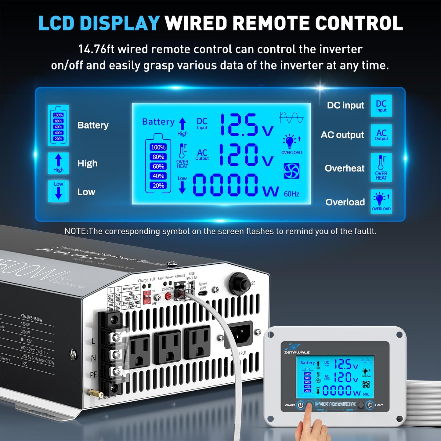 1500W Sump Pump Battery Backup System, Pure Sine Wave Power Inverter with Charger, Backup System for Power Outage, LCD Screen Remote Controller, Automatic Switching for Grid and Battery