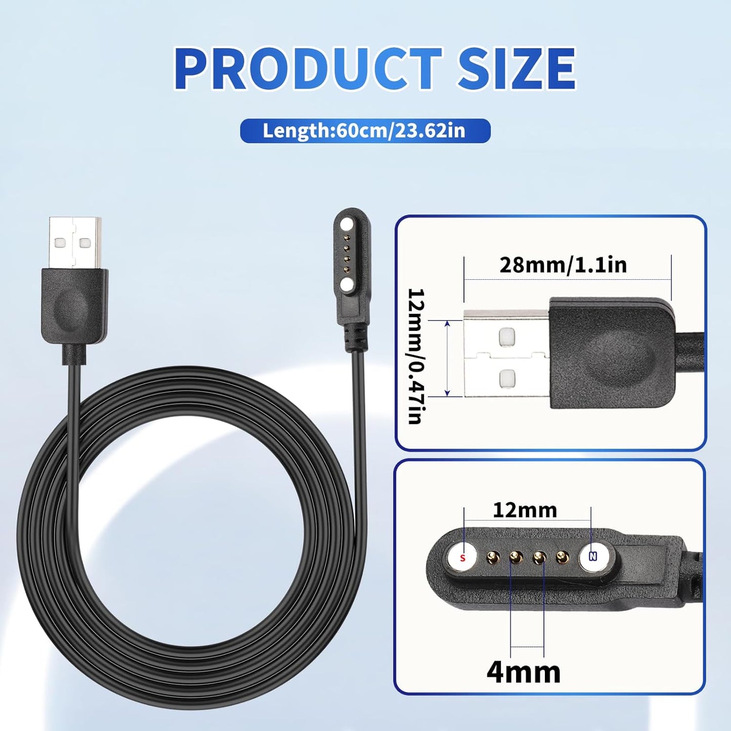 BaiWeiDun 4 7.62 mm Smart Watch Charger Cable, Universal Magnetic SmartWatch Accessories Charger Cable Pin Cord
