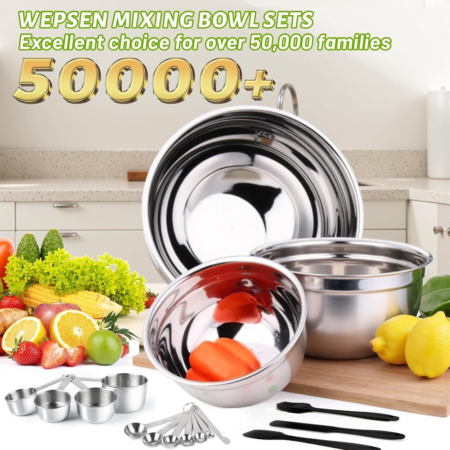 WEPSEN Mixing Bowls Set - 25PCS Stainless Steel Bowls with Lids | Large Nesting Sizes 1.5QT to 7QT