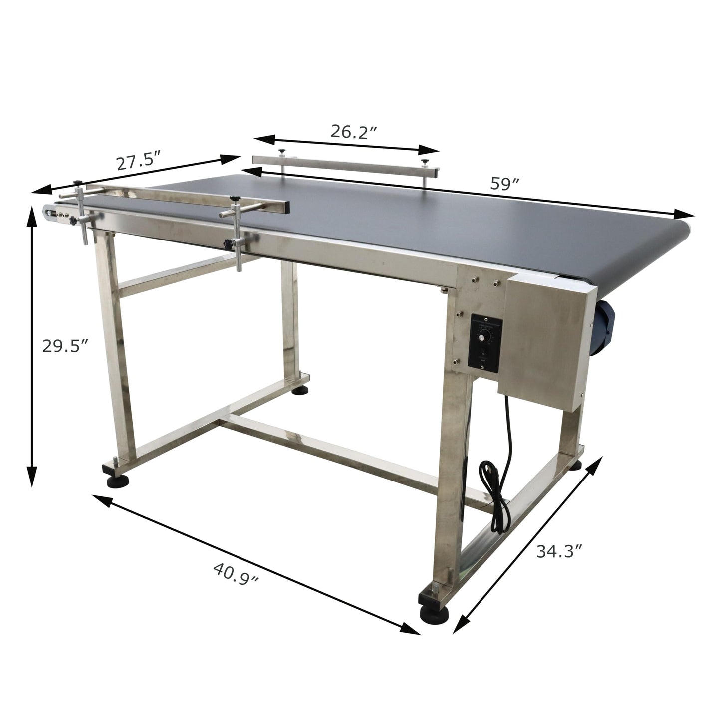 BREVELTION PVC Flat Belt Conveyor Stainless Steel Industrial Transport Conveyor Adjustable Speed Conveyor with Double Guardrails Conveyor Length 59inch Width 27.5inch Load 55LBS 250W