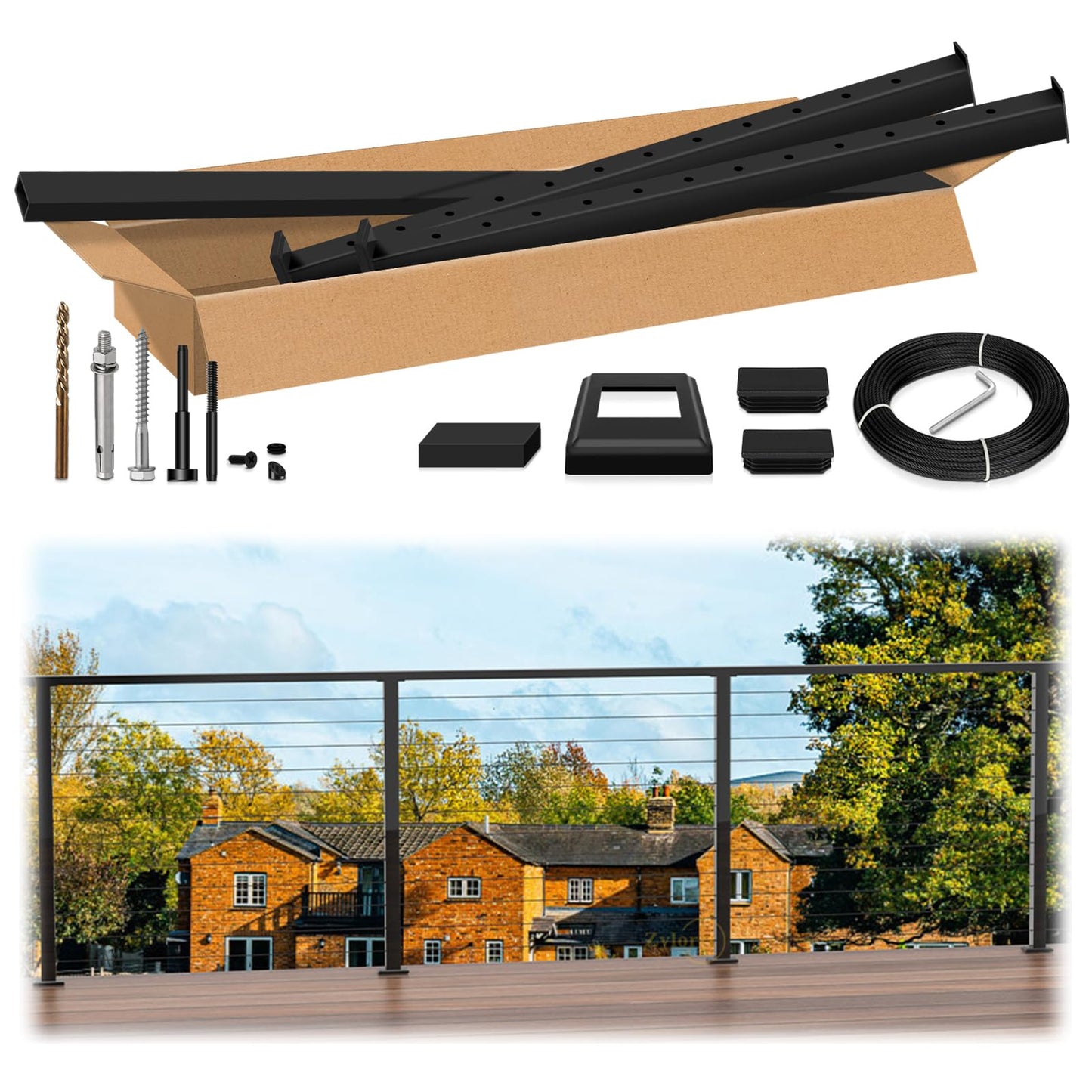 Zylorix 42" 8ft-12ft T304 Stainless Steel Swage Cable Railing Post Kit with Handrail Cuttable, Matte Black Level Cable Railing System with 1/8" Cable Railing Hardware for Outdoors Decks(Not Coastal)