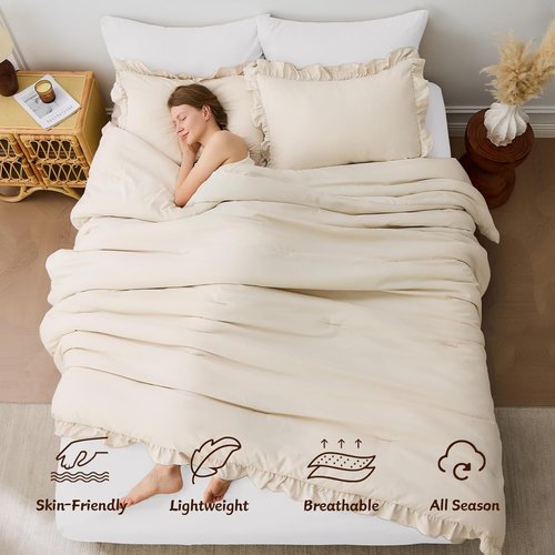 FUANNA Queen Comforter Set - Beige 3-Piece Ruffle Shabby Chic Bedding | Fluffy Lightweight All-Season Comforter & Pillowshams