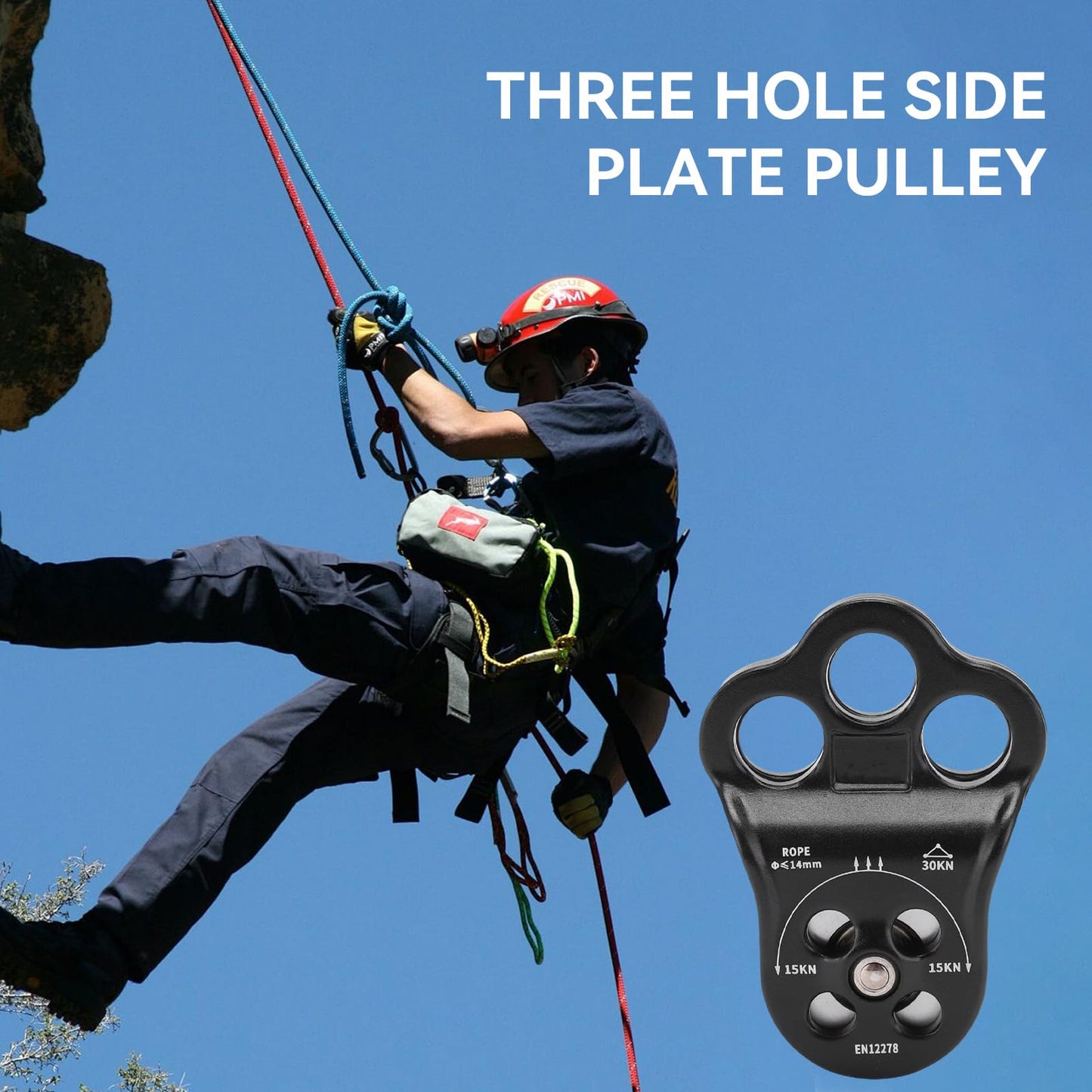Climbing Pulley Climbing, 30KN Three Hole Side Plate Pulley Rope Climbing Pulleys for Rope, Rock Climbing, Rappelling, Zipline Sports, Compatible with up to 0.5in Ropes