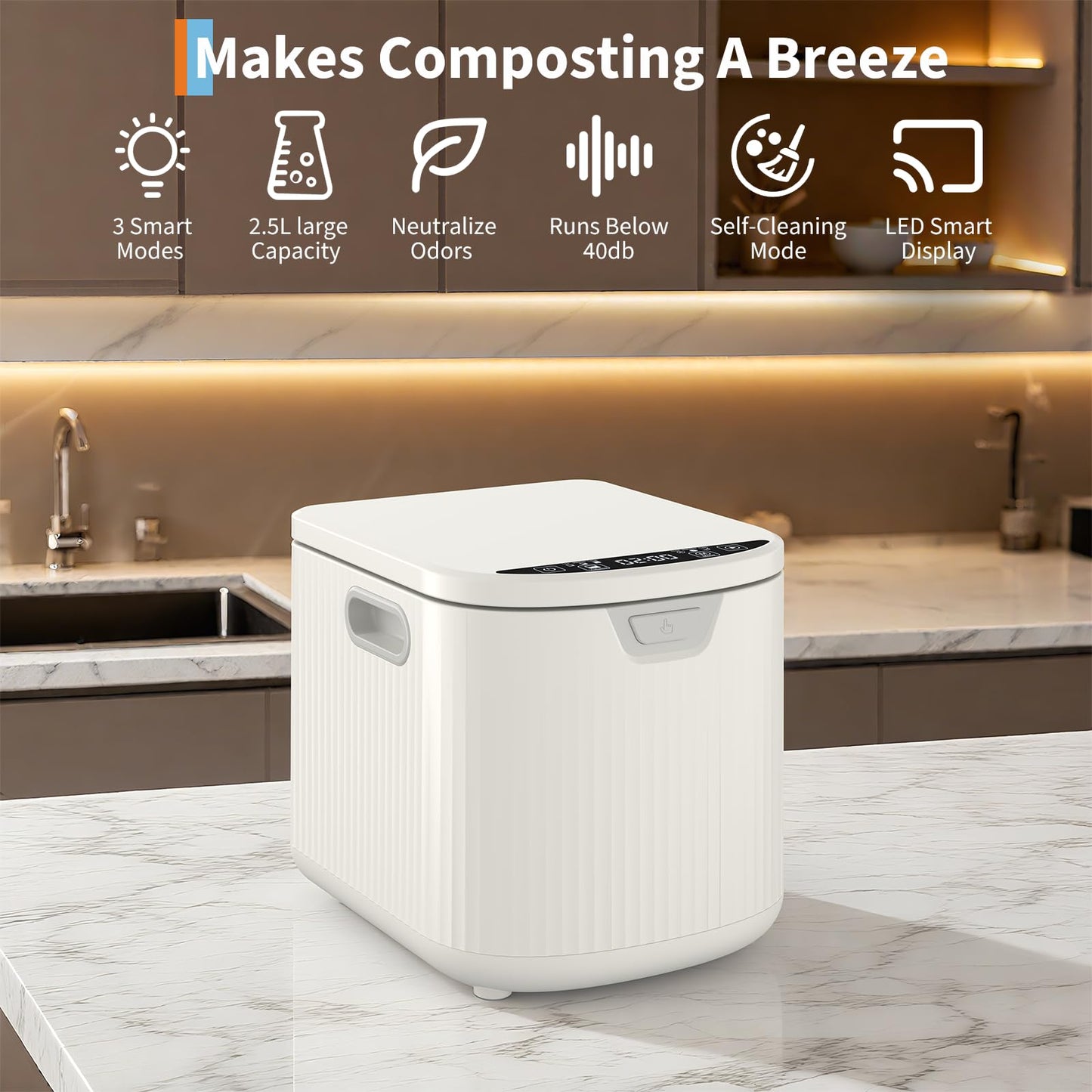 Homfan 2.5L Electric Composter Countertop, 3 Modes Kitchen Smart Compost Bin with Auto Cleaning, LED Display, Turns Kitchen Waste Into Dry Manure, Low Noise Food Waste Compost Machine
