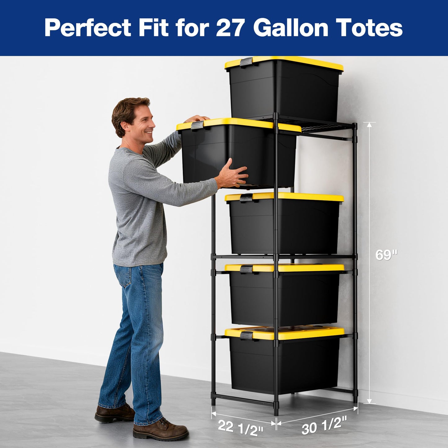 WORKPRO 5-Tier Tote Storage Rack, Heavy-Duty 27 Gallon Tote Storage Rack, 525 LBS Storage Bin Rack for Garage, Pantry, Kitchen, or Basement, Black, 30.5"x22.5"x69", 1 Pack