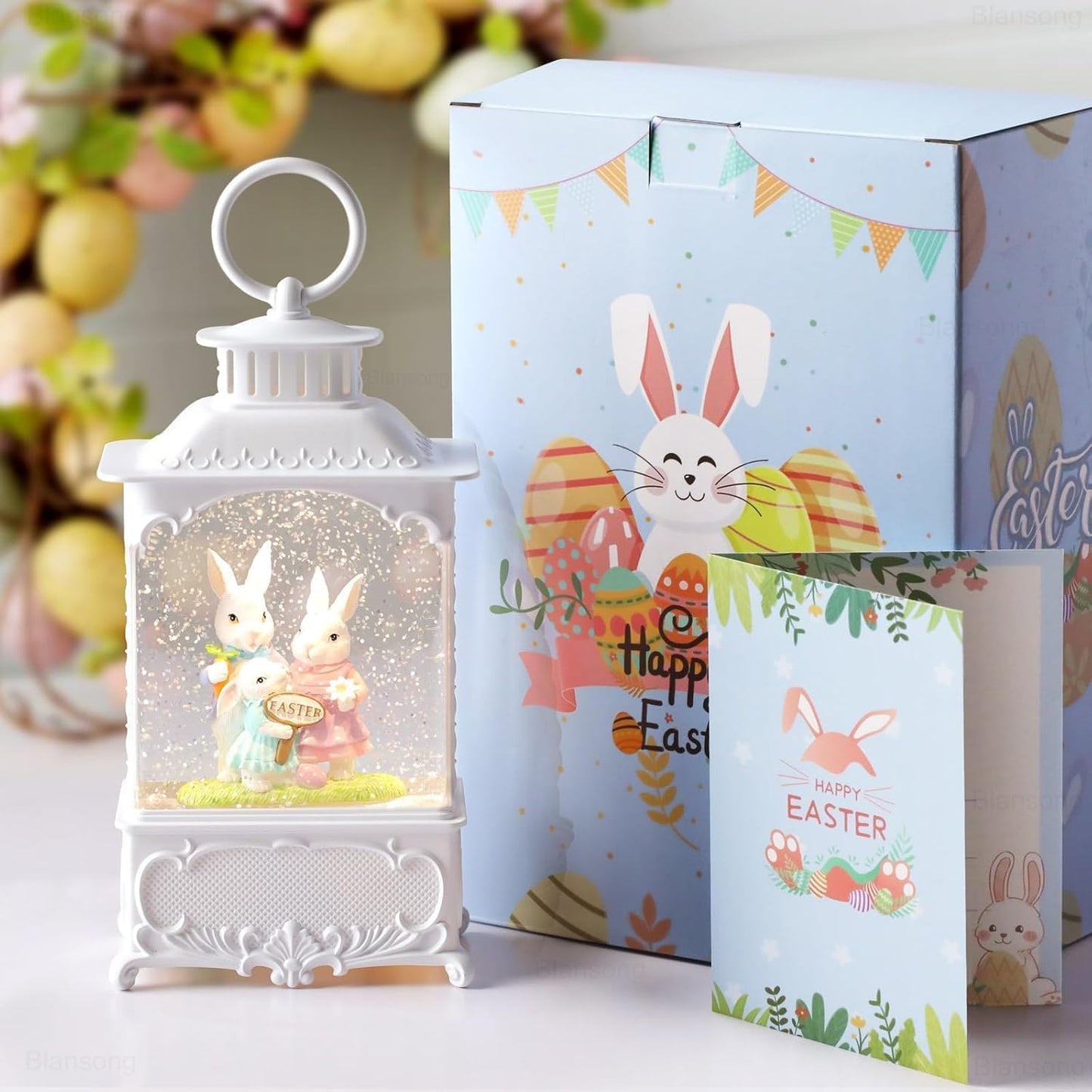 Skiennix Easter Snow Globe - Bunny Lantern with Timer | USB & Battery Powered Home Decor - 10.2 Inch