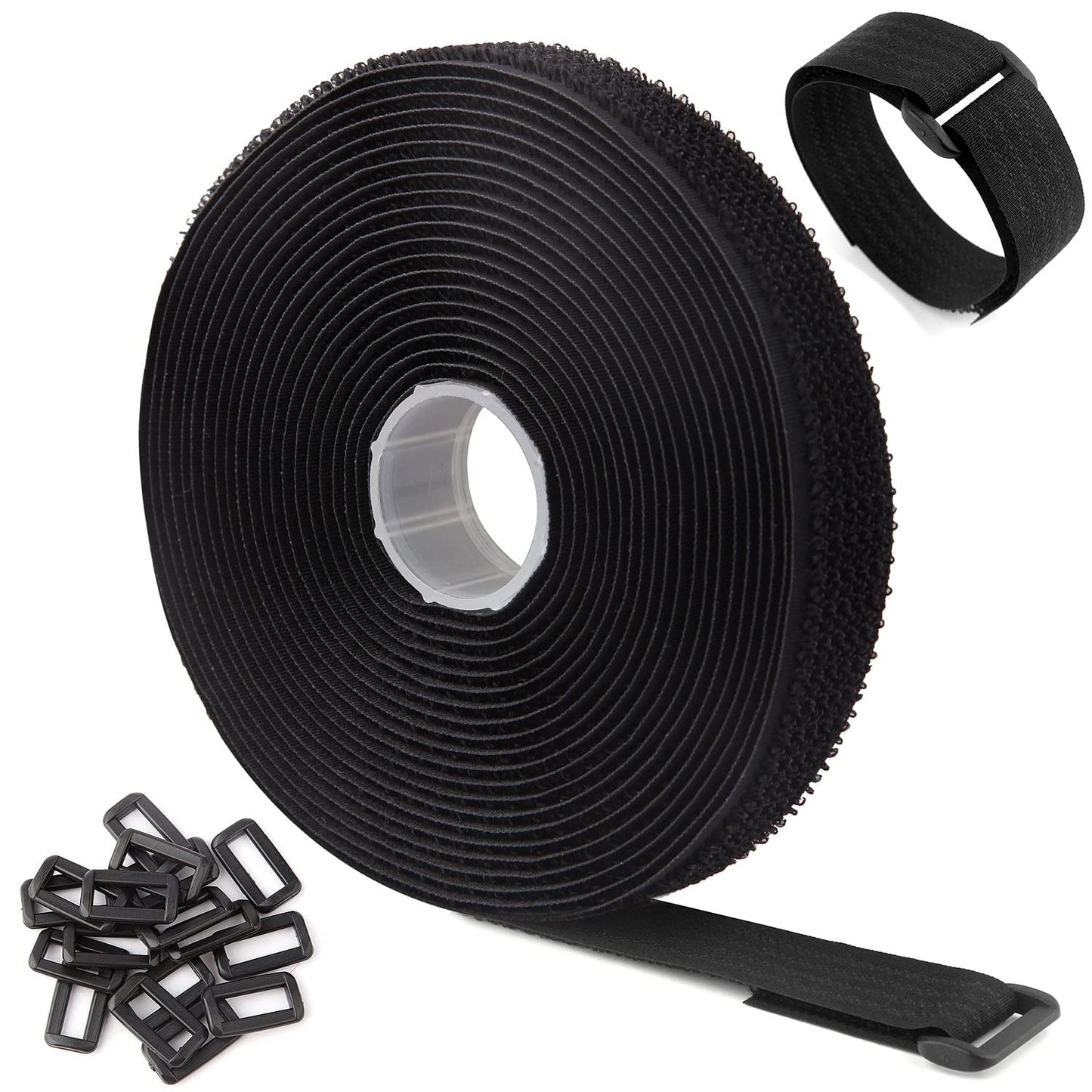 WSZJINB 16Ft x 1In Adjustable Cable Straps with 25 Buckles, Free Cut Length, Black Reusable Fastening Cable Ties, Hook and Loop Securing Strap for Cable Tidy, Wire Management, Cord Organiser, Black