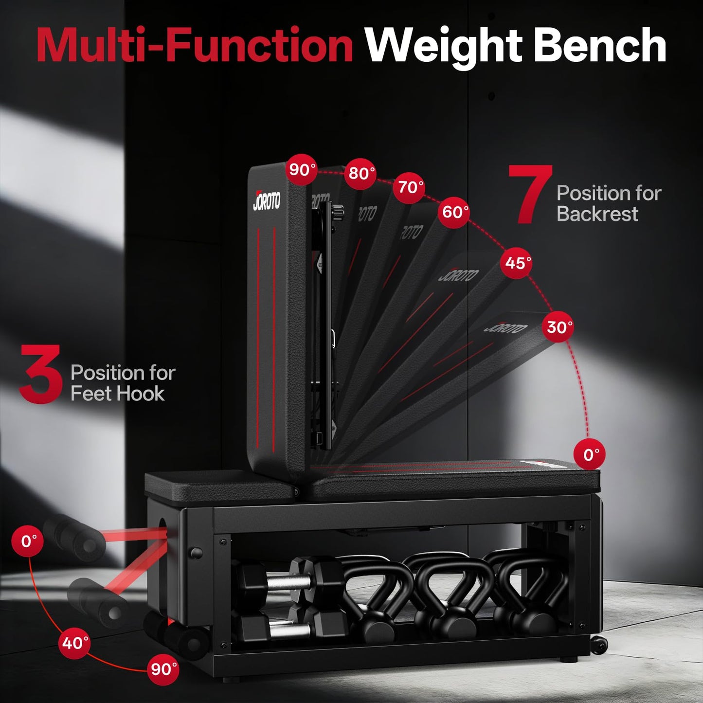 JOROTO 5-in-1 Adjustable Weight Bench with Cable Crossover, 990 LBS Weight Bench With Storage, Combining Adjustable Bench, Cable Crossover Machine, Storage Box with Wheels in One Compact Unit