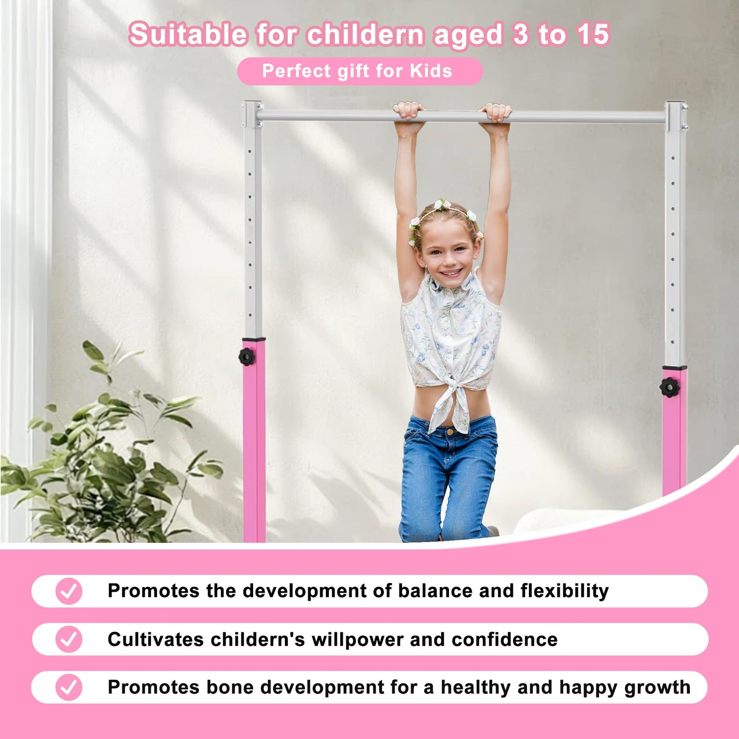 Jivifao Gymnastics Bar with Self-Inflating Mat, 3' to 5' Adjustable Height, Gymnastic Kip Bar Horizontal Bar for Kids Ages 3-15, Anti-Slip and Easy to Assemble, Home Gym Equipment Indoor