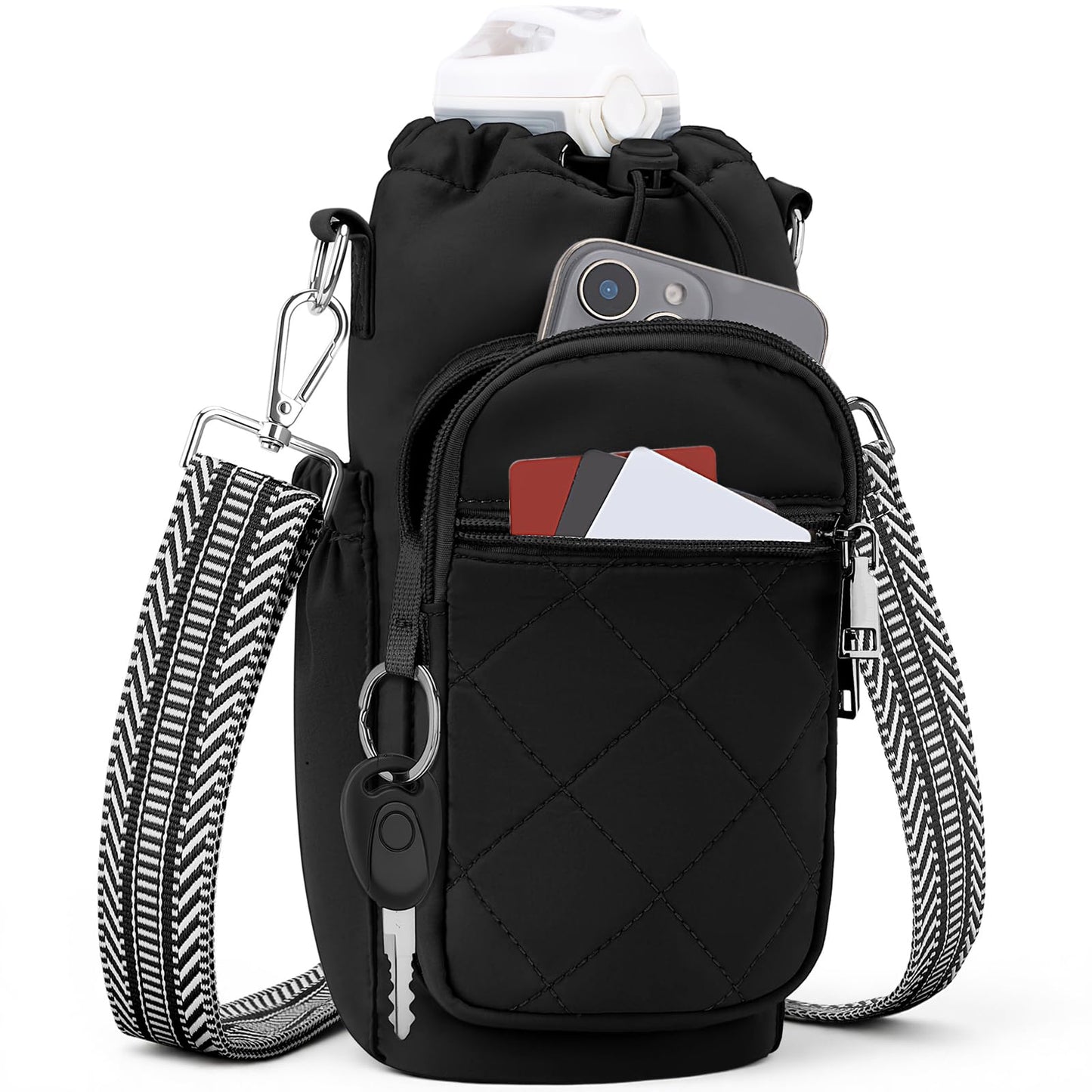 SYTRAH Water Bottle Carrier Bag with Strap, Water Bottle Purse with Phone Pocket 40oz, Insulated Crossbody Bags for Walking Hiking Black