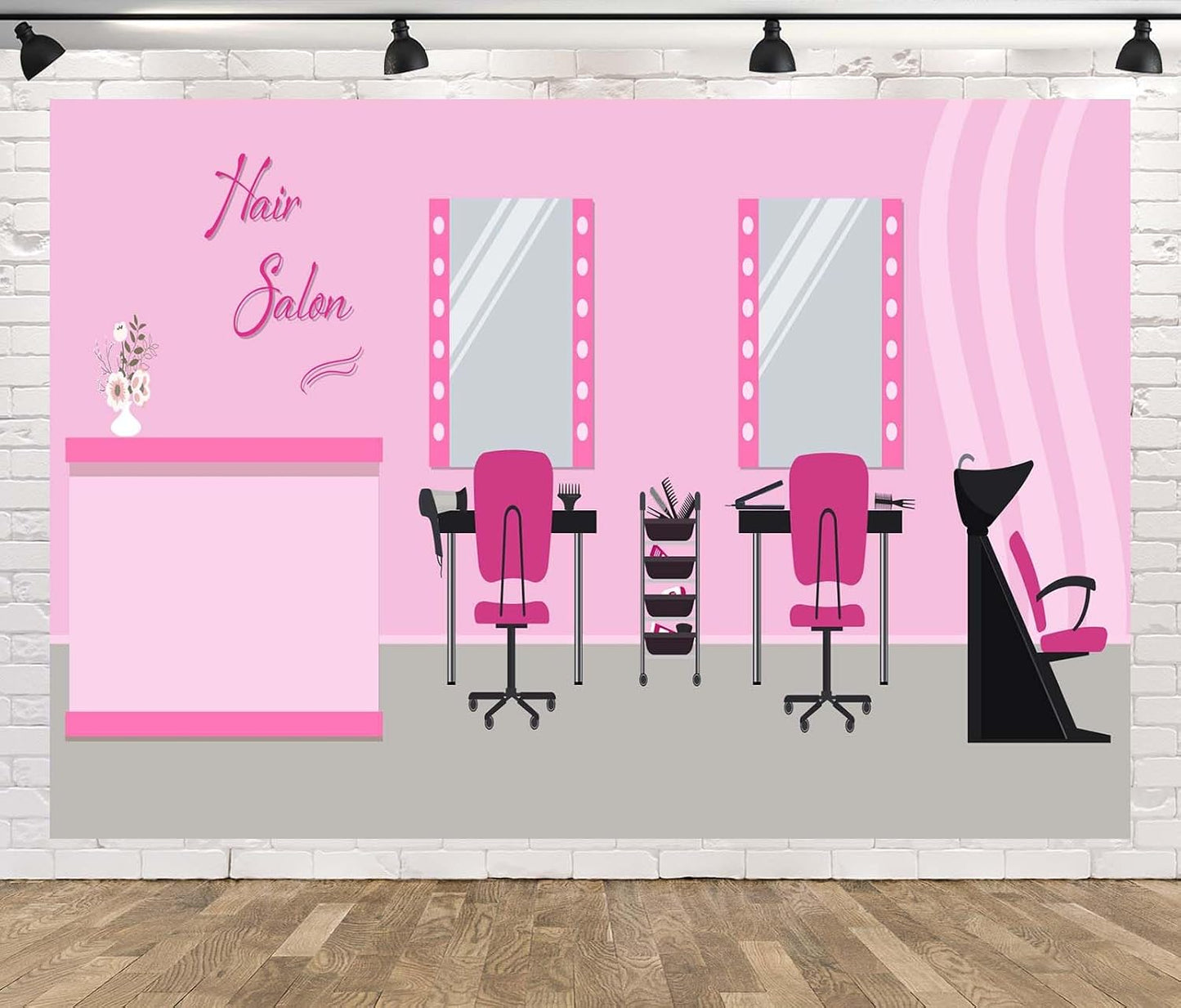 BELECO 5x4ft Fabric Hair Salon Interior Backdrop Pink Barber Shop Haircut Chair Mirror Background Hairstylist Theme