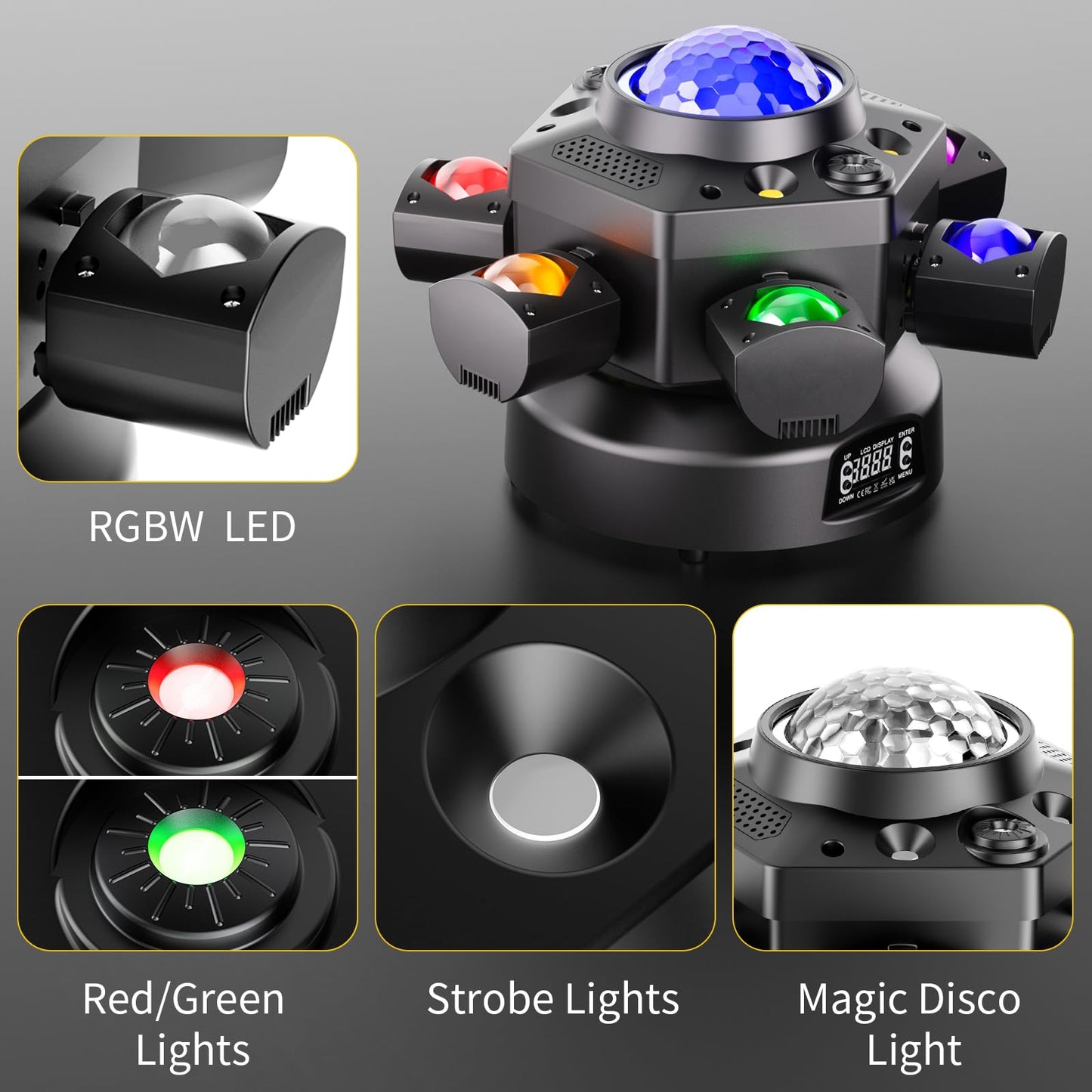 6-Arm Moving Head DJ Lights, 120W RGBW 4-in-1 Stage Lights with Kaleidoscope Magic Ball Effect, Starry Laser Effects, White/Golden Strobe, 540° Rotation, DMX512 Sound Activated Remote for Disco DJ Bar