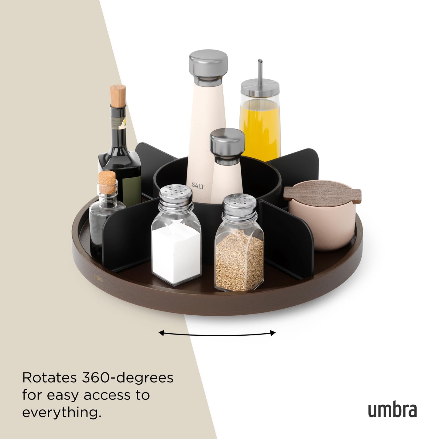 Umbra Bellwood Lazy Susan Divided Tray Organizer for Pantry Spices and More, Made of Durable Plastic and Wood, Black/Walnut