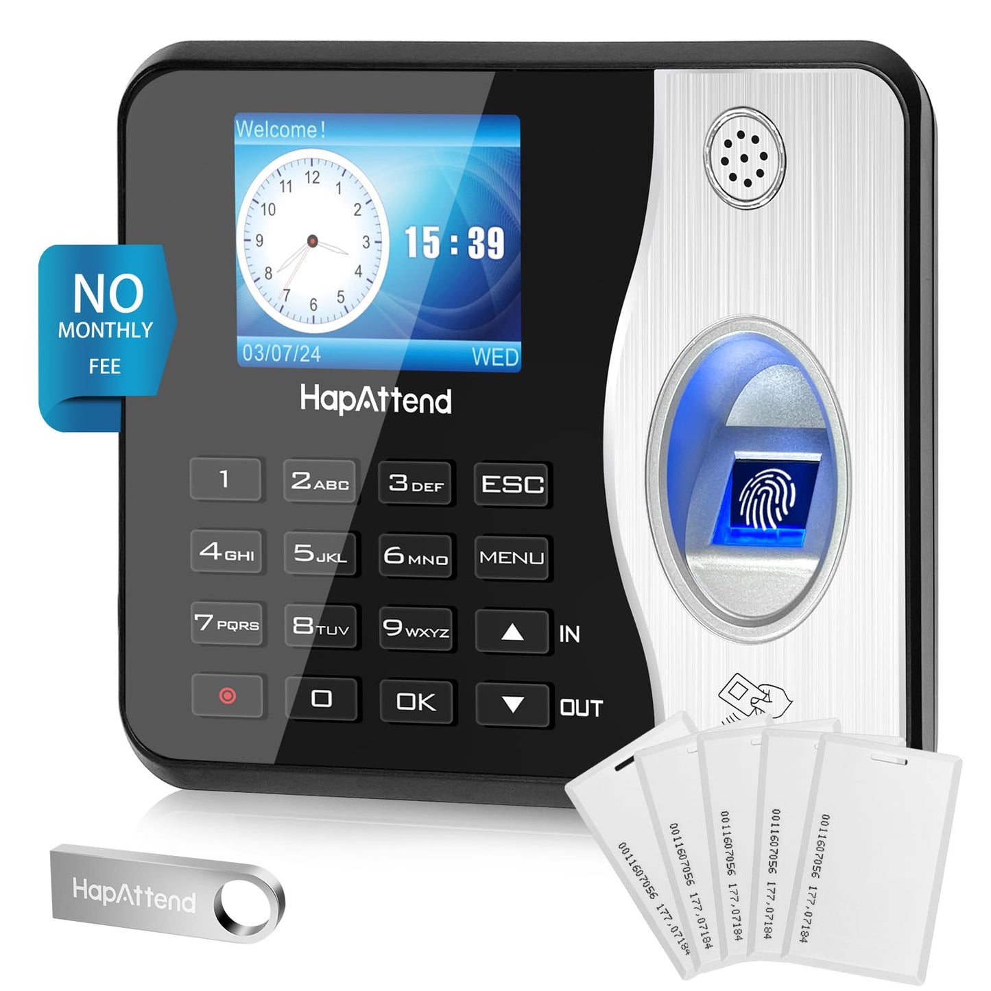 HapAttend Time Clocks Bundle with 15 RFID Cards, 0 Monthly Fees Standalone Biometric Time Attendance Punch Machine with Fingerprint, RFID and PIN