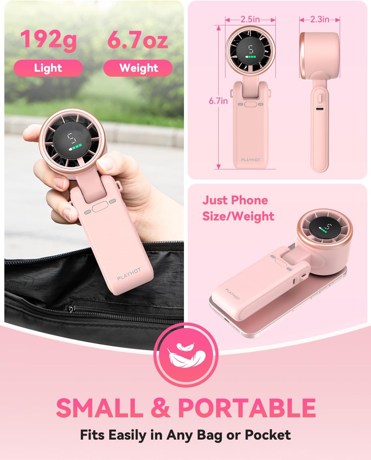 PlayHot Portable Handheld Turbo Fan - 5-Speed Rechargeable Personal Fan | 5000mAh Battery, 12-Hour Use, Lightweight 0.6lb, 3-in-1 Design (Pink)