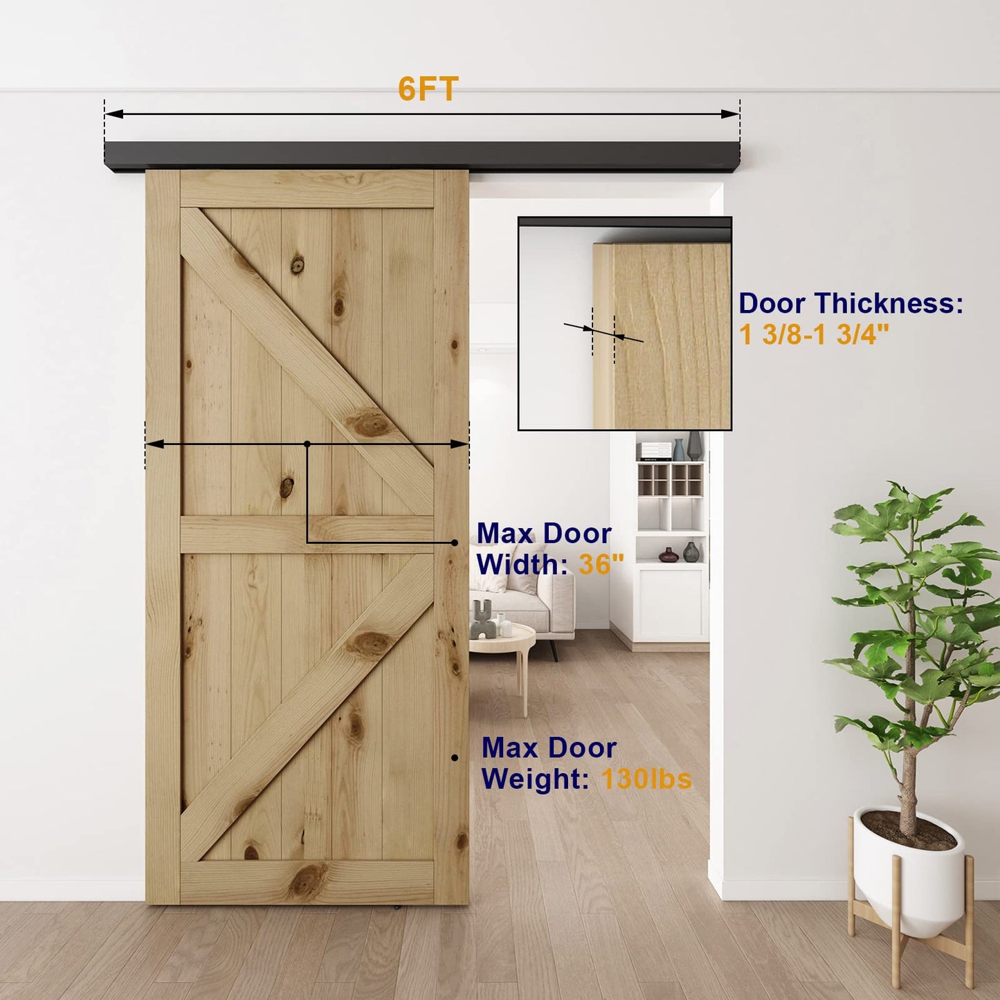 JUBEST 6FT Sliding Barn Door Hardware Track Kit, Aluminium Alloy Box Rail Wall Mount Barn Door Hardware,for Interior Wooden Door