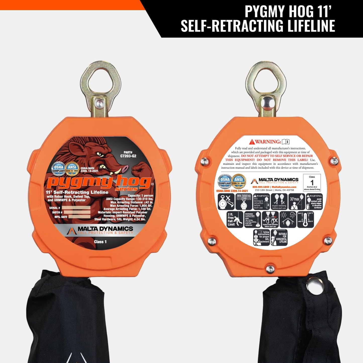Malta Dynamics Pygmy Hog 11-Foot Self-Retracting Lifeline (SRL) – OSHA & ANSI Compliant Fall Protection Retractable Lanyard with Rebar Hook – Class 1-P, Lightweight, Durable, 310 Pound Capacity