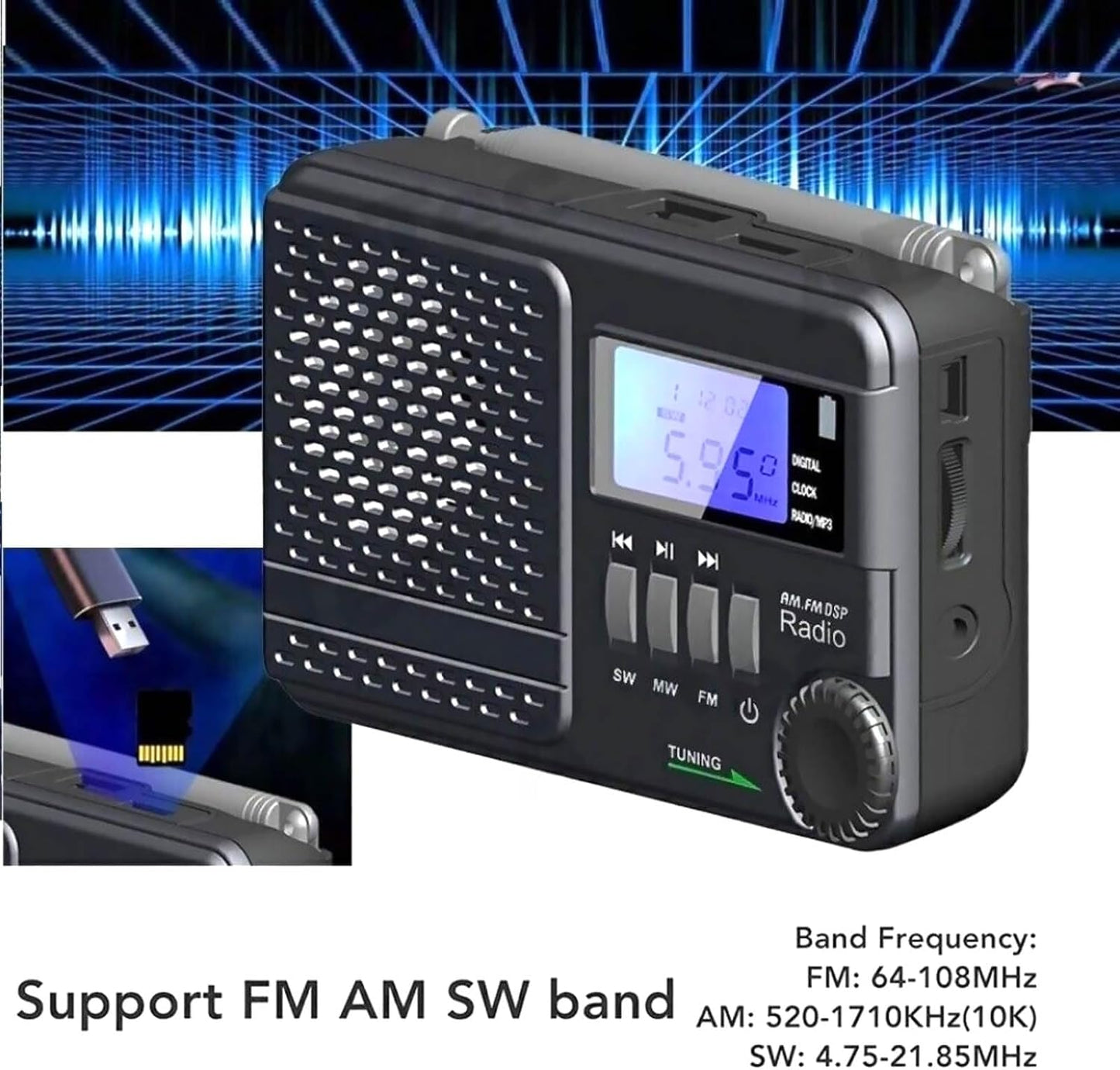 DBEIXIWEI 32GB MP3 Digital Tri-Band AM FM SW Radio Support USB Flash Drive & Micro SD Card Max Built-in Player & Clock
