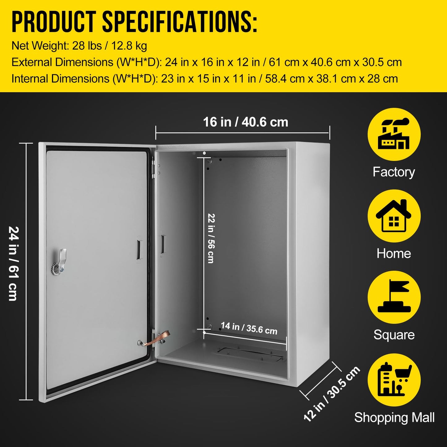 Electrical Box, 24 x 16 x 12'' NEMA 4X Steel Electrical Box, IP66 Waterproof & Dustproof, Outdoor/Indoor Electrical Junction Box, Lockable Junction Box