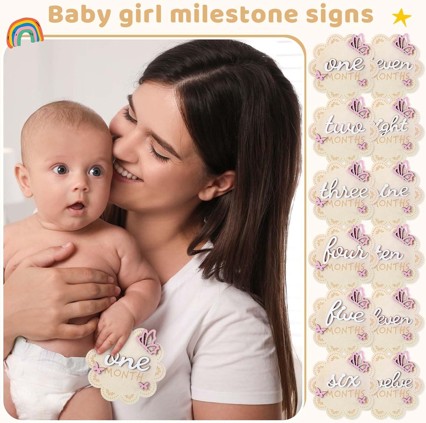12 3D 1-12 Pcs Butterfly Wooden Baby Girl Monthly Milestone Cards Sign Months Milestone Marker Discs Newborn