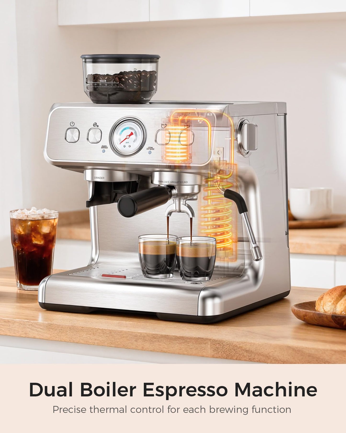 COWSAR Dual Boiler Espresso Machine with Grinder, Commercial Expresso Coffee Machines,Use Milk Frother and Brew Coffee Machine Simultaneously, Coffee Maker Cappuccino Latte, 95oz Water Tank