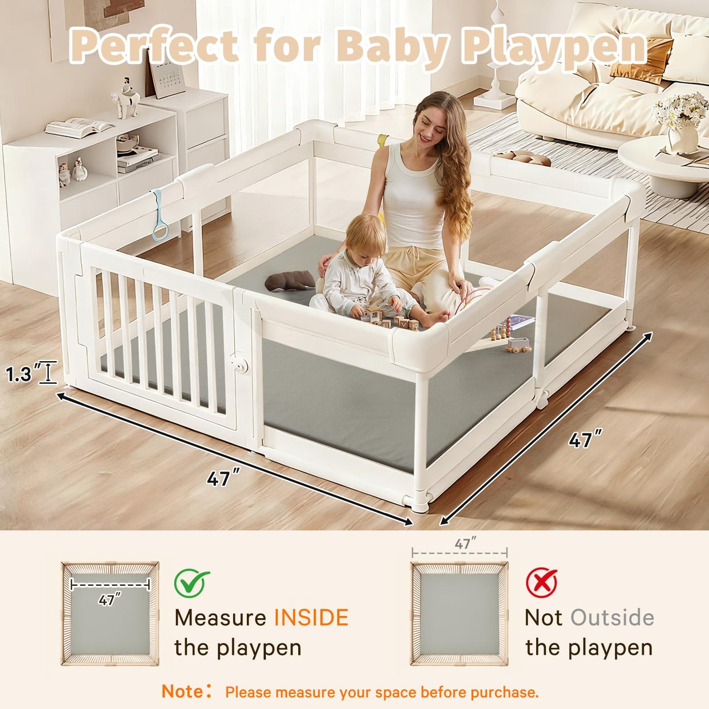 ILPEOD Baby Play Mat for Floor Nursery Rug Muscle Mat Area Rug Playroom Rug 47"x47" Playpen Mat Memory Foam 1.3" Thick Crawling Mat for Babies,Toddlers, Infants, Kids,Grey