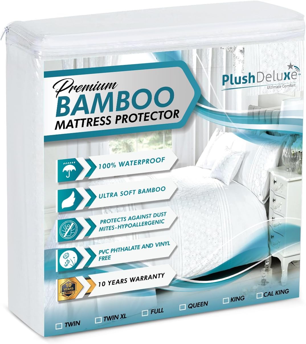 PlushDeluxe Premium Bamboo Mattress Protector - Twin Size, Waterproof & Ultra Soft for Comfort - White